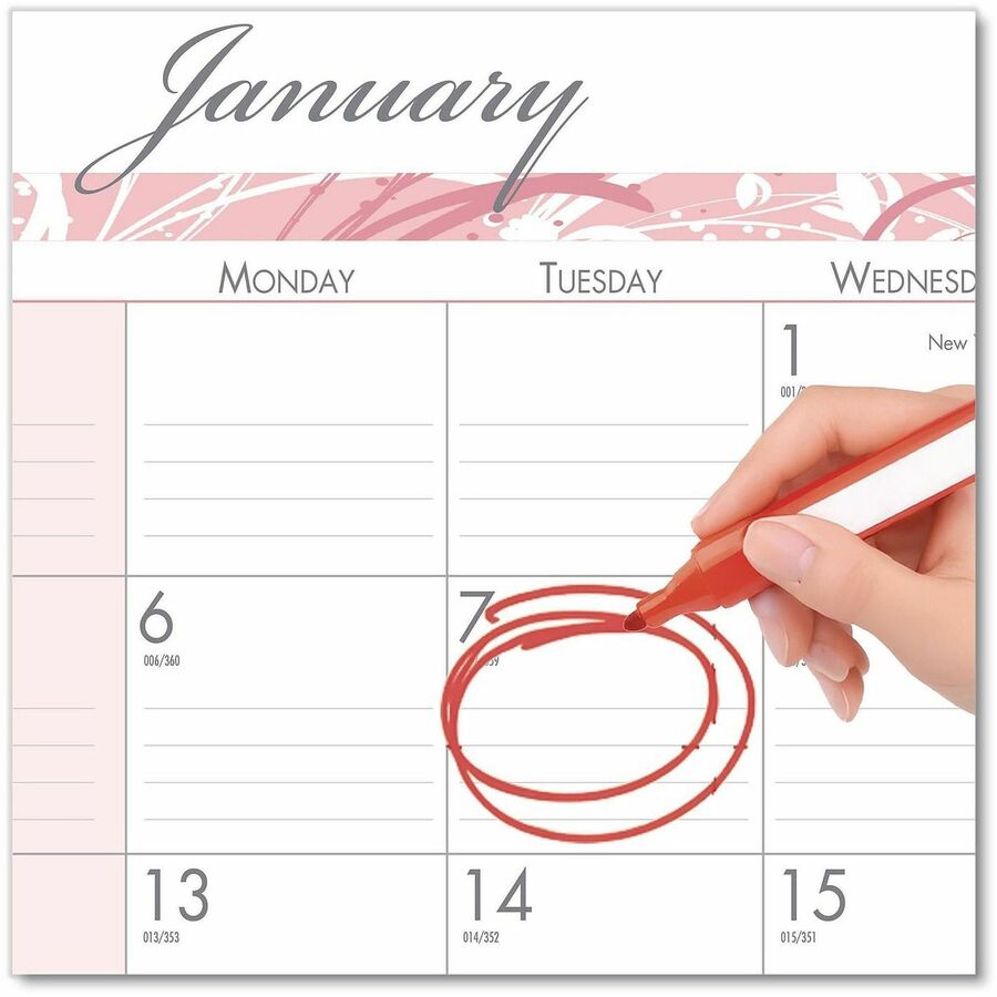 Julian Dates - Monthly - 12 Month - January 2026 to December 2026 - 1 Month Single Page Layout - 18 1/2" x 13" Sheet Size - 2.12" x 1.75" Block - Desk Pad - Pink - Paper, Vinyl - Notepad, Reference Calendar - 1 Each