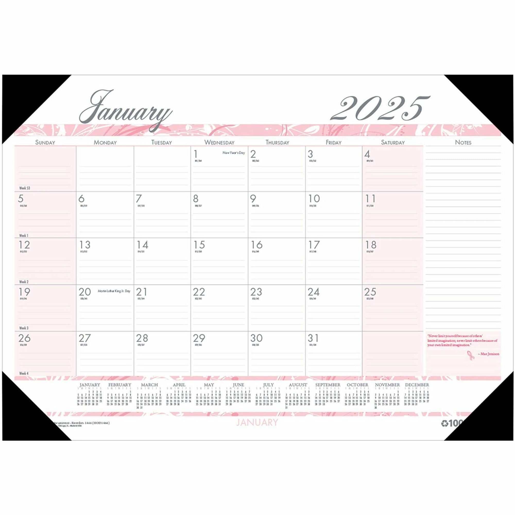 Julian Dates - Monthly - 12 Month - January 2026 to December 2026 - 1 Month Single Page Layout - 18 1/2" x 13" Sheet Size - 2.12" x 1.75" Block - Desk Pad - Pink - Paper, Vinyl - Notepad, Reference Calendar - 1 Each
