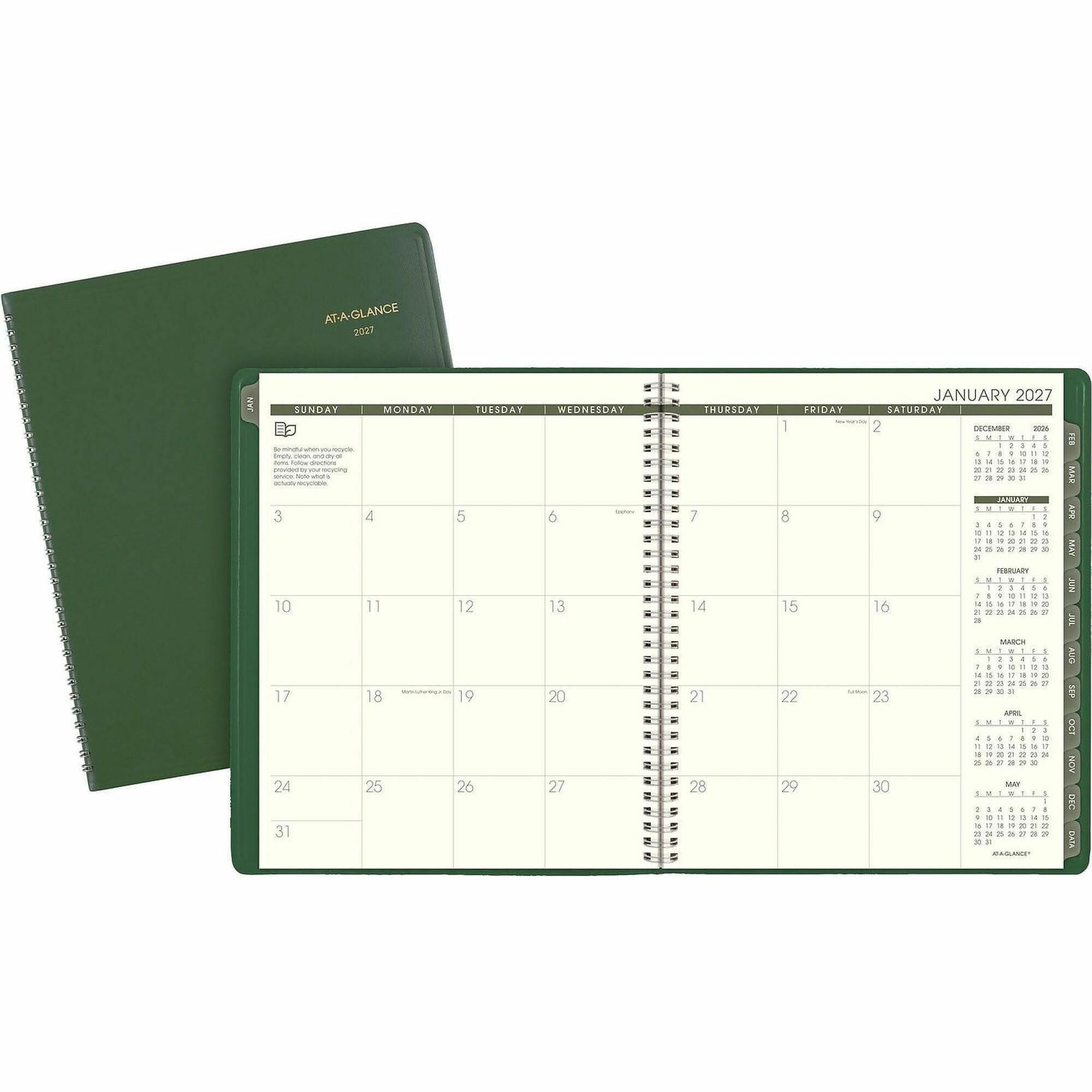 At-A-Glance Recycled Planner, Large, Monthly, 13-Month, Jan 2026–Jan 2027, 9" x 11", Sand Sheets, Wire Bound, Green, Paper/Simulated Leather, Address & Phone Directory, Perforated, Tabbed, 1 Each