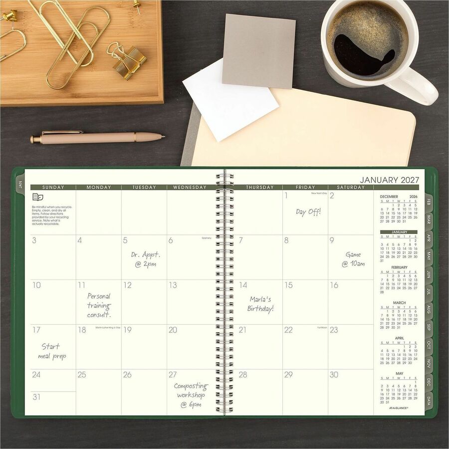 At-A-Glance Recycled Planner, Large, Monthly, 13-Month, Jan 2026–Jan 2027, 9" x 11", Sand Sheets, Wire Bound, Green, Paper/Simulated Leather, Address & Phone Directory, Perforated, Tabbed, 1 Each