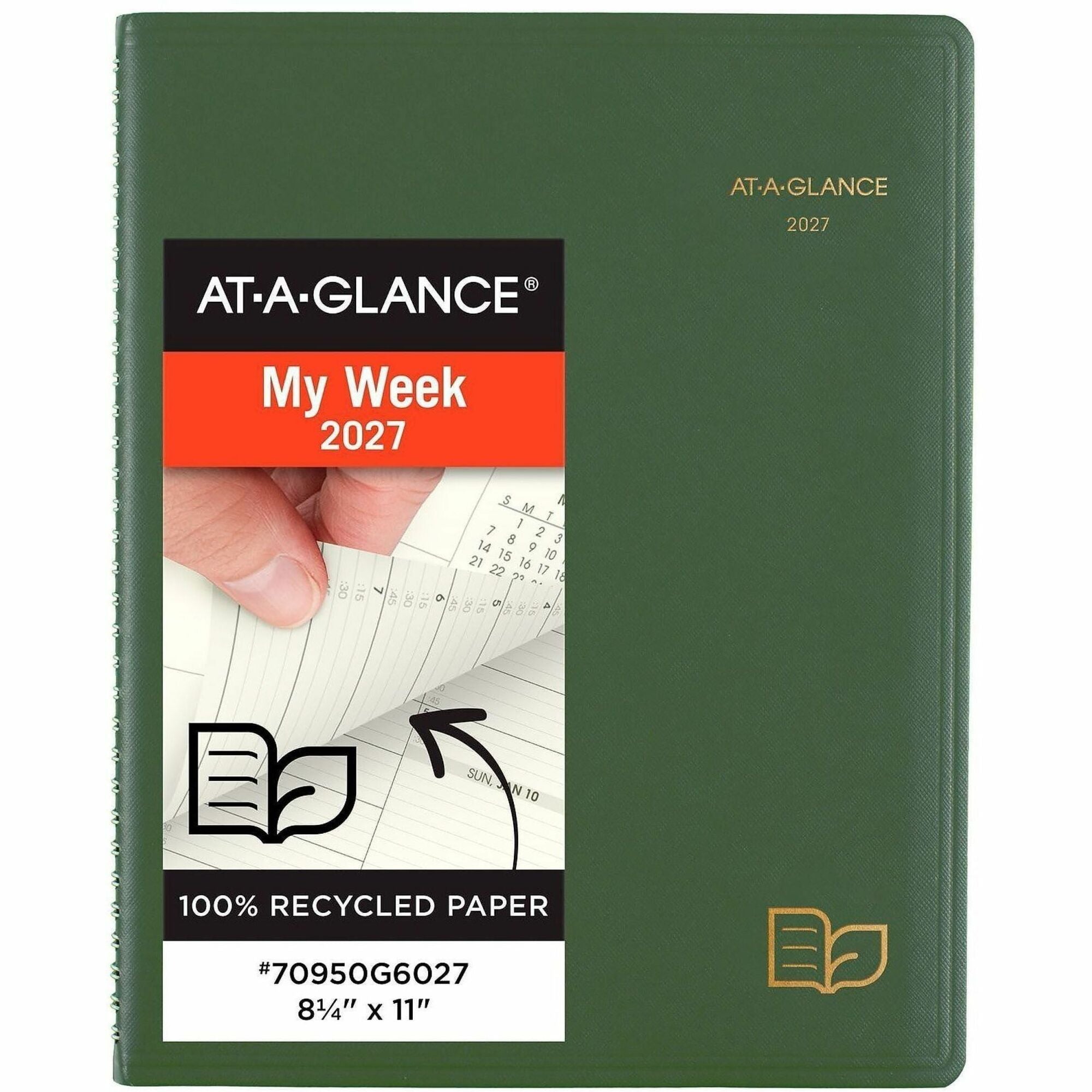 At-A-Glance Recycled Appointment Book Planner, Large, Weekly/Monthly, January 2026–December 2026, 8 1/4" x 11", Green Cover, Wire Bound, 1 Each