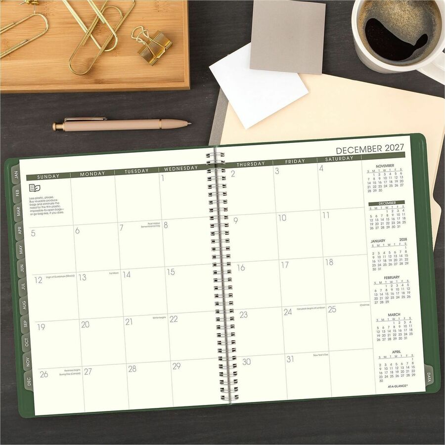 At-A-Glance Recycled Appointment Book Planner, Large, Weekly/Monthly, January 2026–December 2026, 8 1/4" x 11", Green Cover, Wire Bound, 1 Each