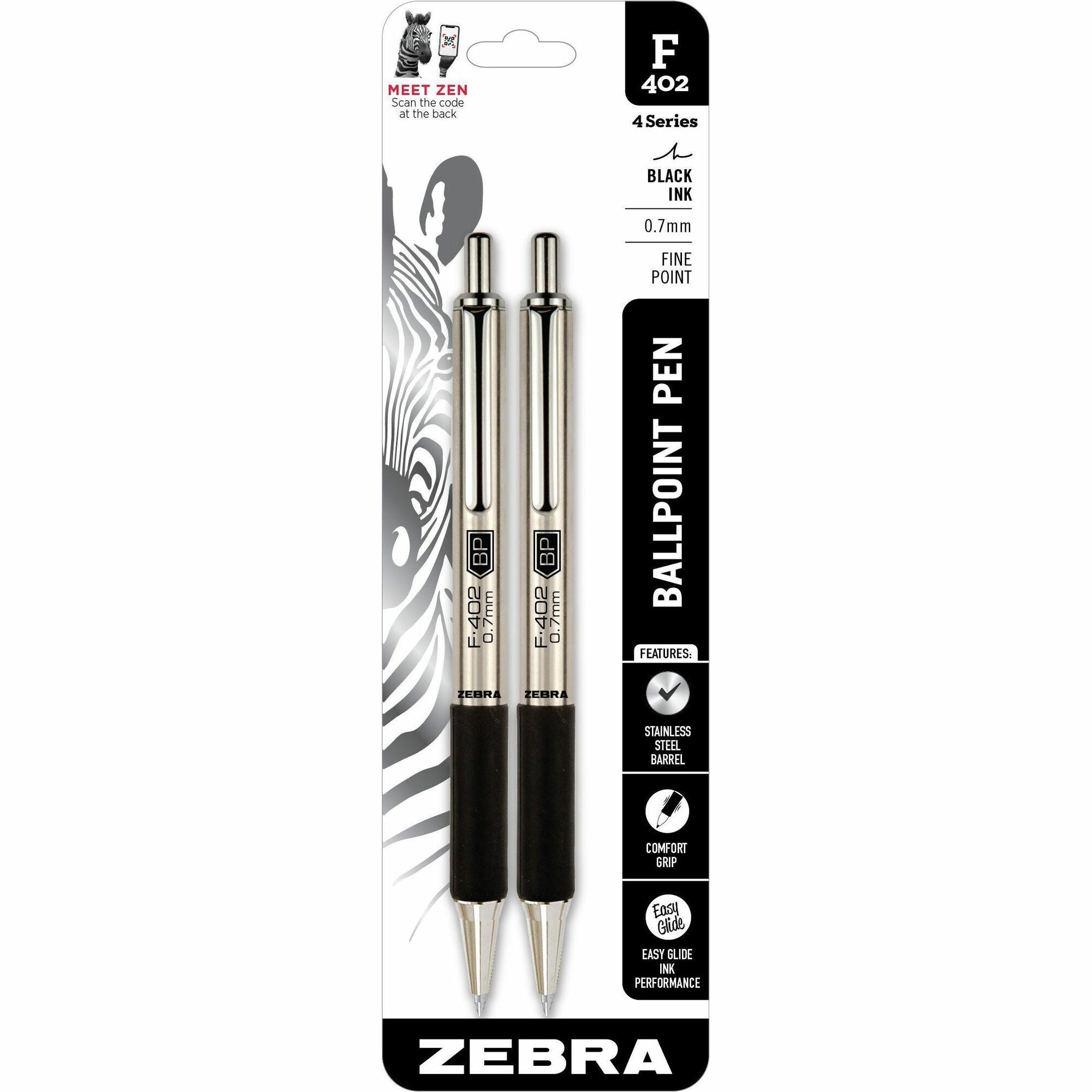 Zebra STEEL 4 Series F-402 Retractable Ballpoint Pen - 0.7 mm Fine Pen Point - Refillable - Retractable - Black Ink - Stainless Steel Barrel - 1 Pack