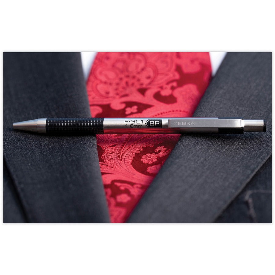 Zebra STEEL 3 Series F-301 Retractable Ballpoint Pen - 0.7 mm Fine Pen Point - Refillable - Retractable - Black Ink - Stainless Steel Barrel - 1 Pack