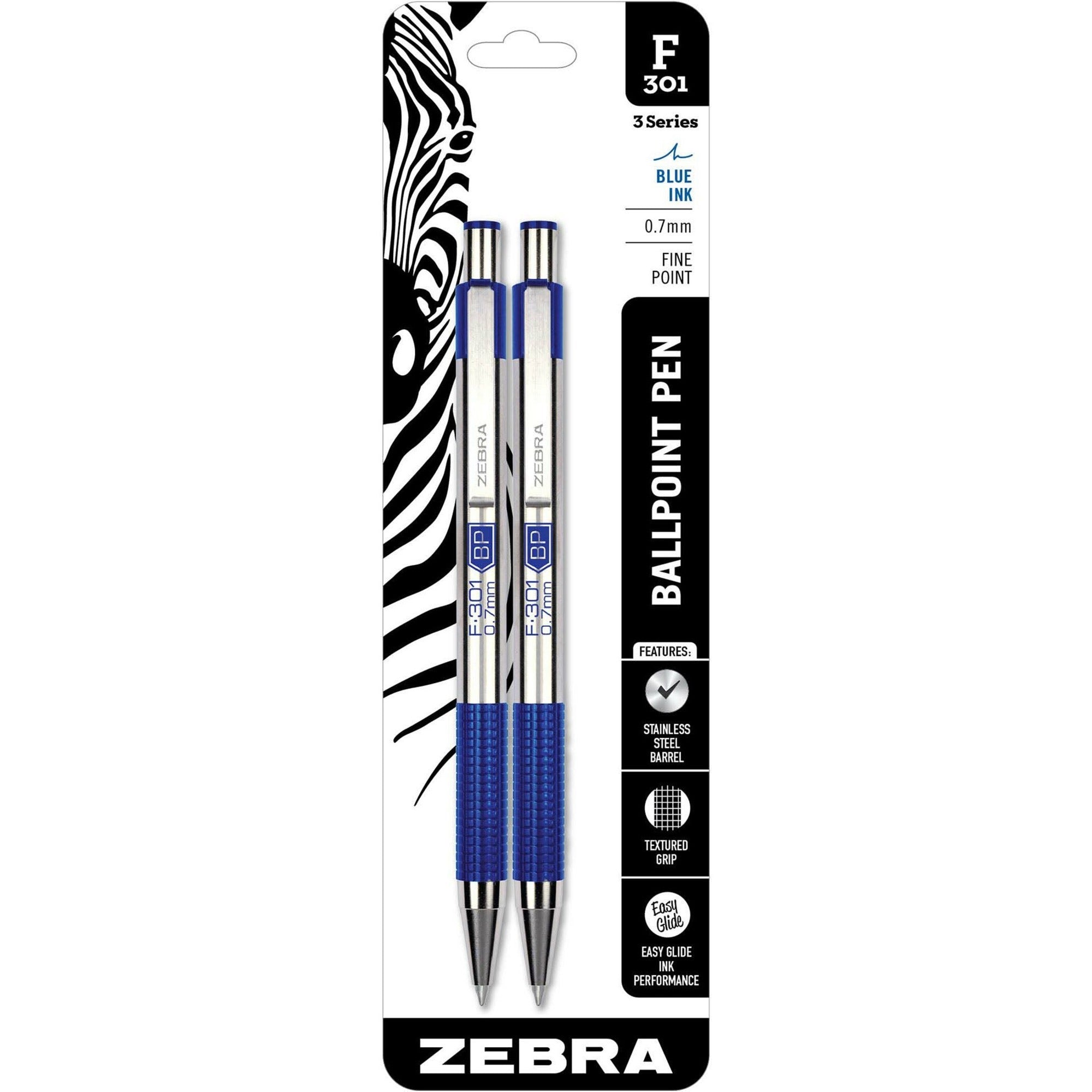 Zebra STEEL 3 Series F-301 Retractable Ballpoint Pen - Fine Pen Point - Refillable - Retractable - Blue Ink - Stainless Steel Stainless Steel, Blue Barrel - 1 Pack