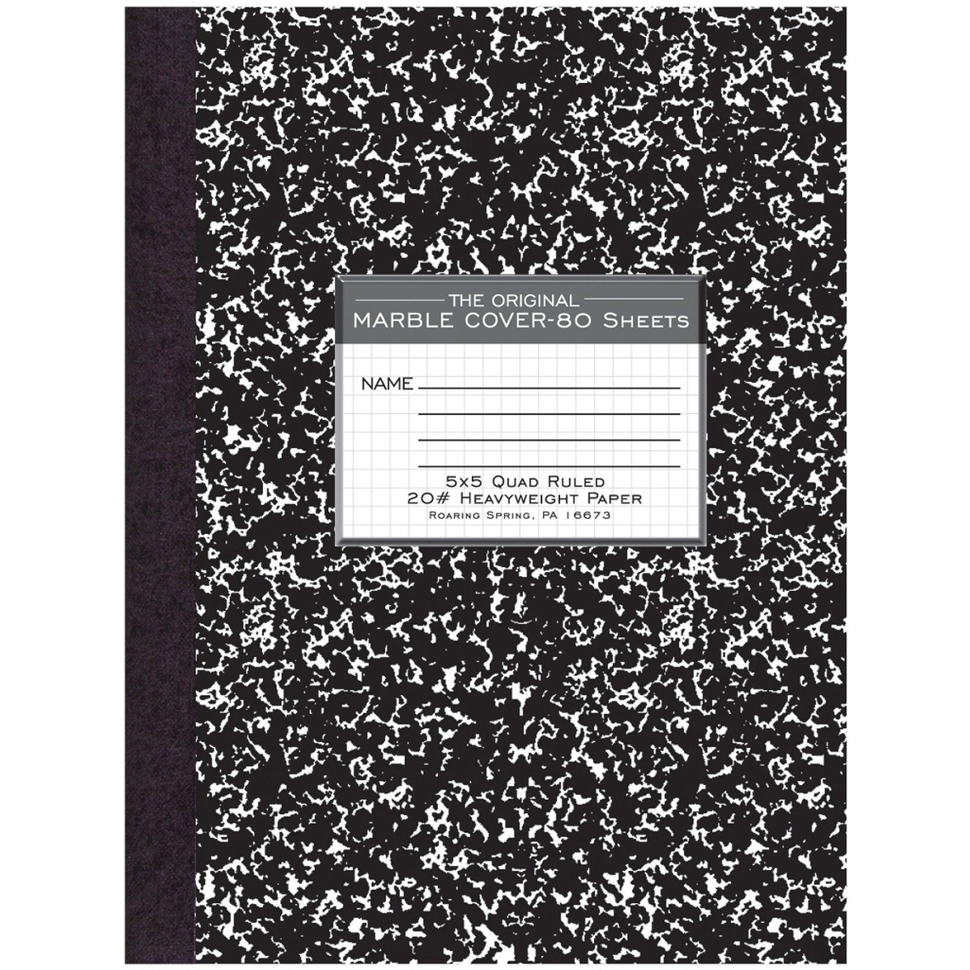 Sewn Hardcover Composition Notebook, 80 Sheets / 160 Pages, Ruled Both Sides, 20 lb White Paper, 10-1/4" x 7-7/8", Black Marble Cover