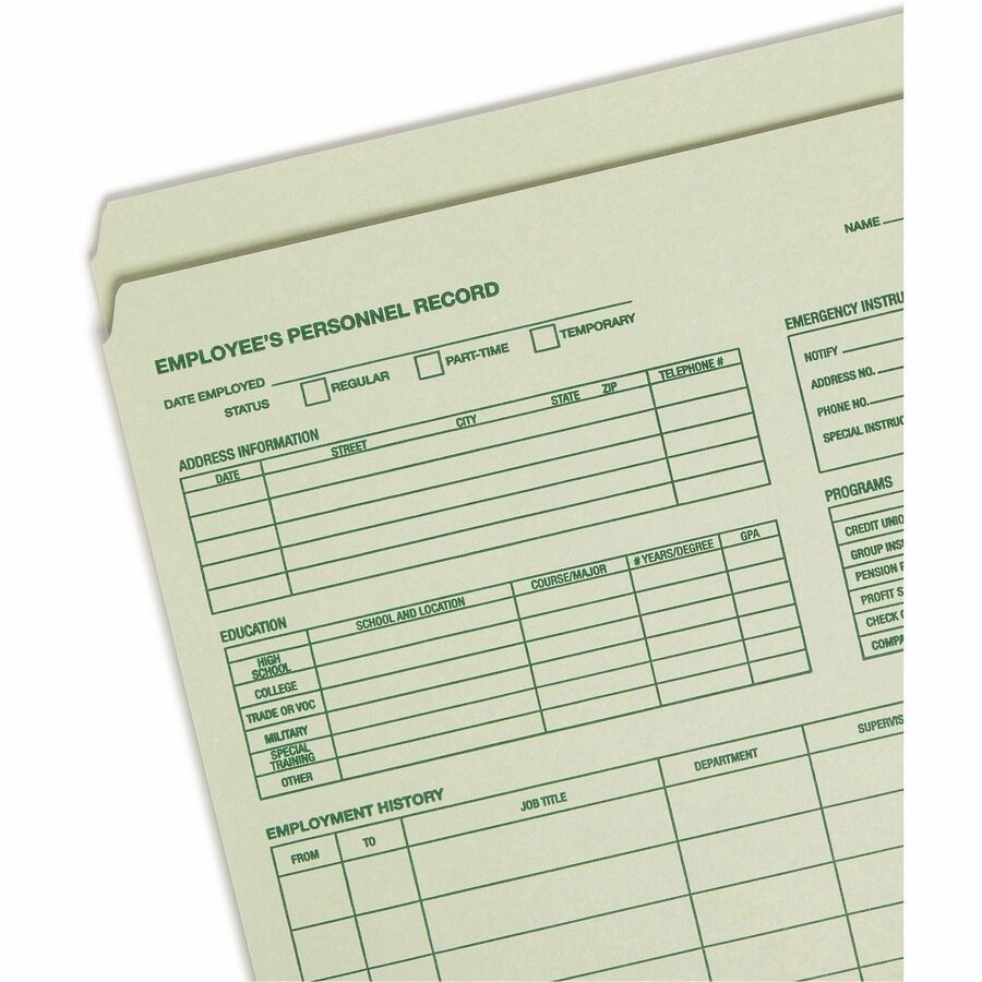 Smead Straight Tab Cut Letter Recycled Top Tab File Folder - 8 1/2" x 11" - 11 pt. - 1 Plys - Moss - 10% Recycled - 20 / Pack