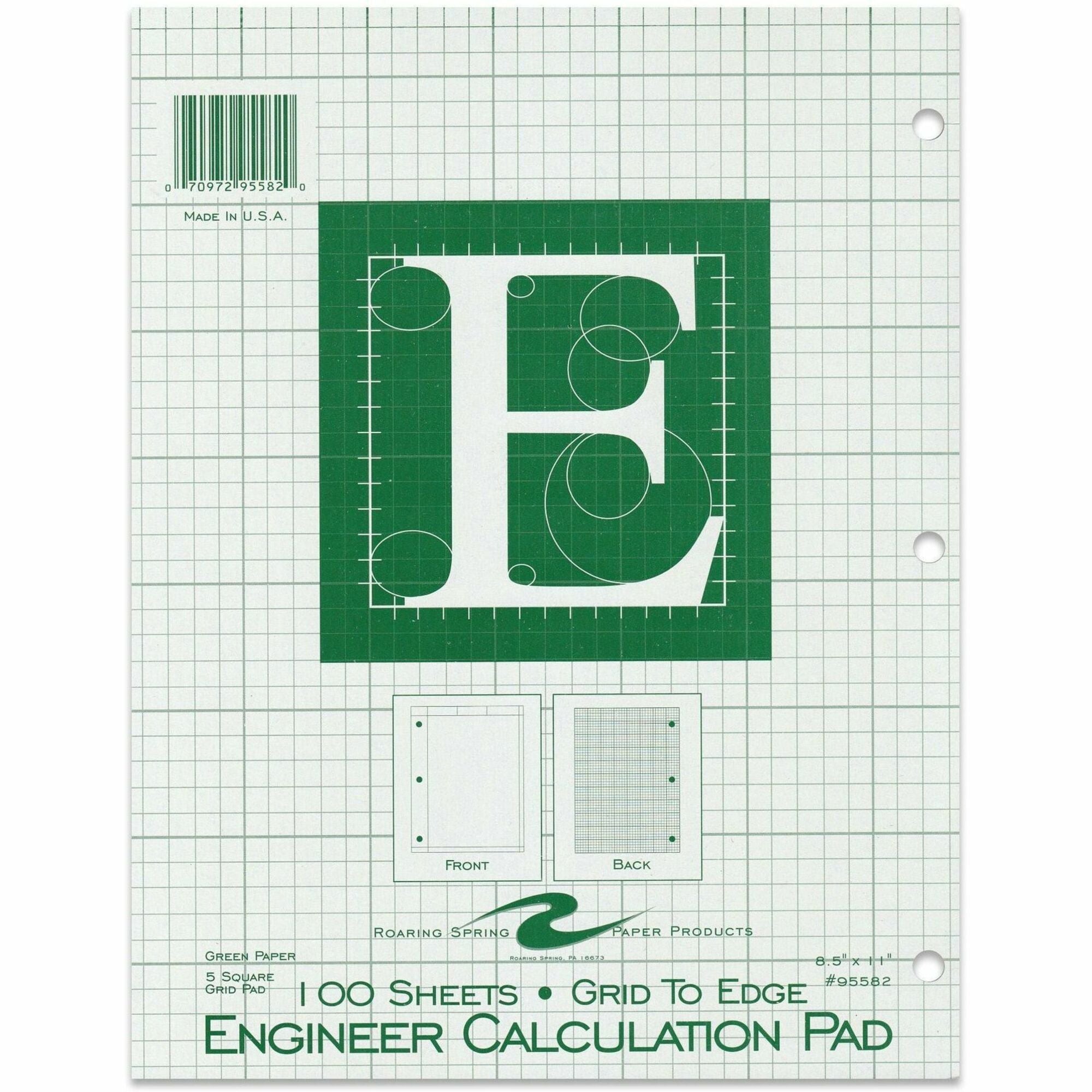 Roaring Spring 5x5 Grid Engineering Pad, 100 Sheets, 200 Pages, 11" x 8.5", Green, 3-Hole Punched, Glued Binding, Chipboard Cover, 1 Each