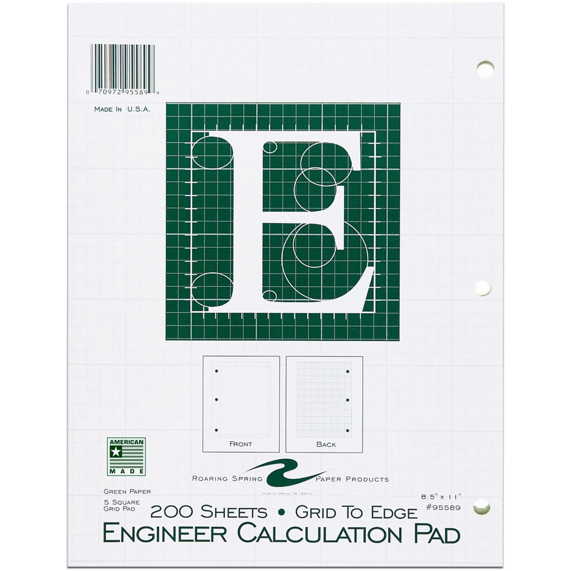 Roaring Spring 5x5 Grid Engineering Pad, 200 Sheets, 400 Pages, 11" x 8.5", Green, 3-Hole Punched, Glued Binding, Chipboard Cover, 1 Each