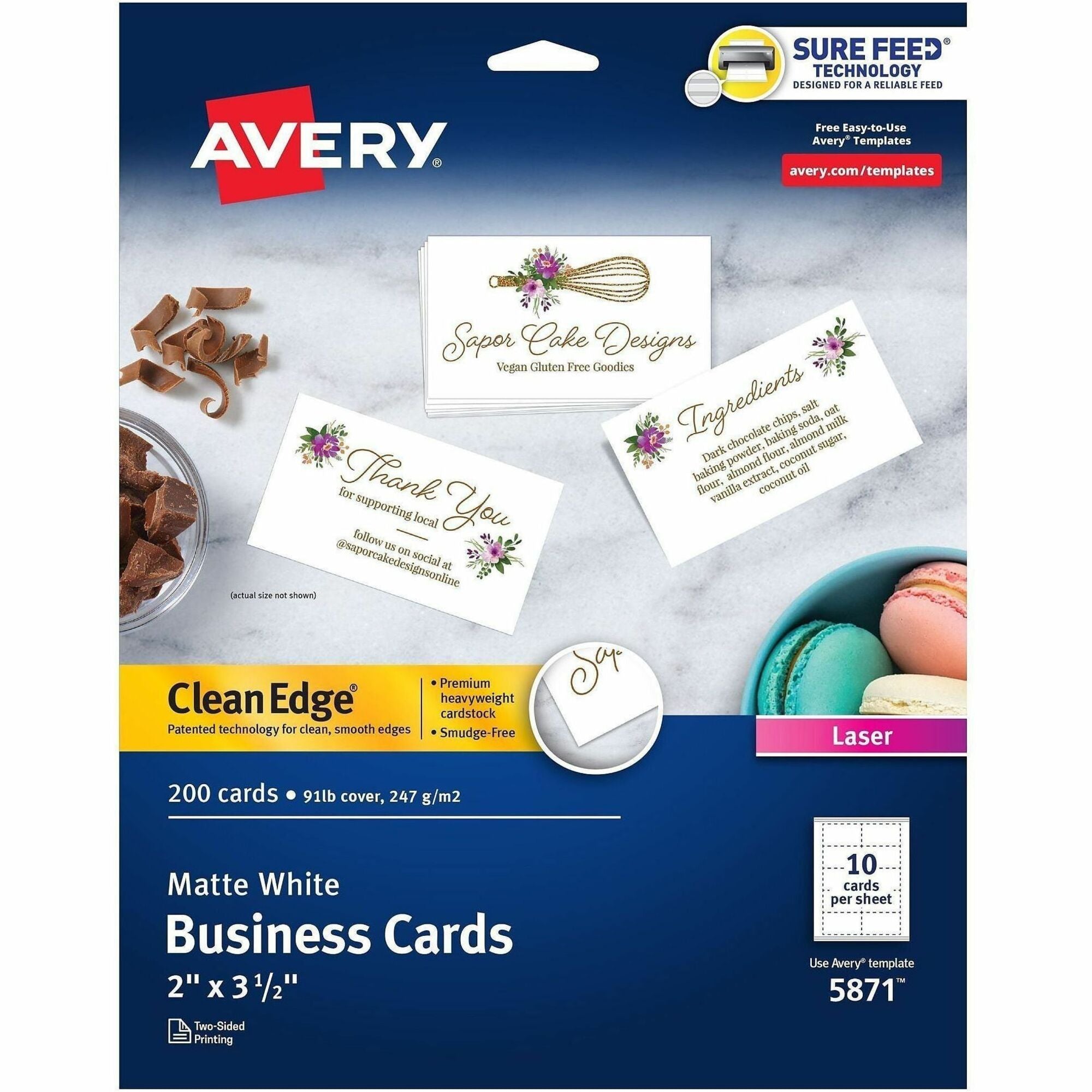 145 Brightness - A4 - 8 1/2" x 11" - 91 lb Basis Weight - 247 g/m² Grammage - Matte - Heavyweight, Rounded Corner, Uncoated, Smooth Edge, Smudge-free, Jam-free, Avery Clean Edge Technology, Double-sided, Printable - White - 20 Sheets - 200 / Pack