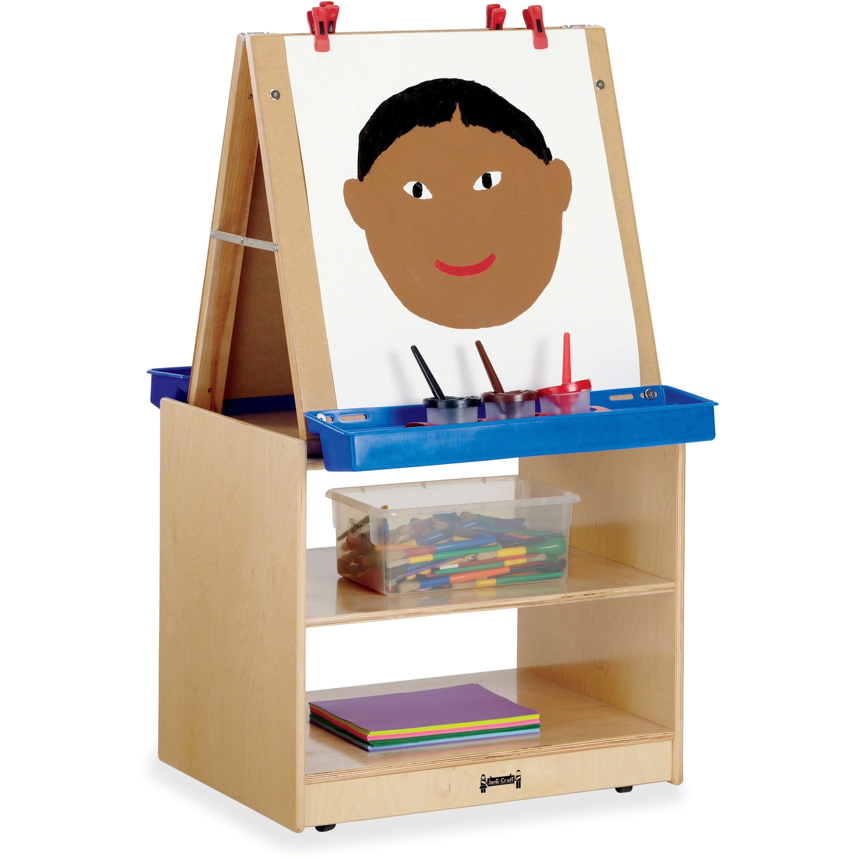 Jonti-Craft Rainbow Accents Multi-Station Art Center, Baltic, Floor Standing, Wheels, Laminated, Easy to Clean, Rounded Corners, Removable Easel, Storage Shelf, Yellowing Resistant, 1 Each