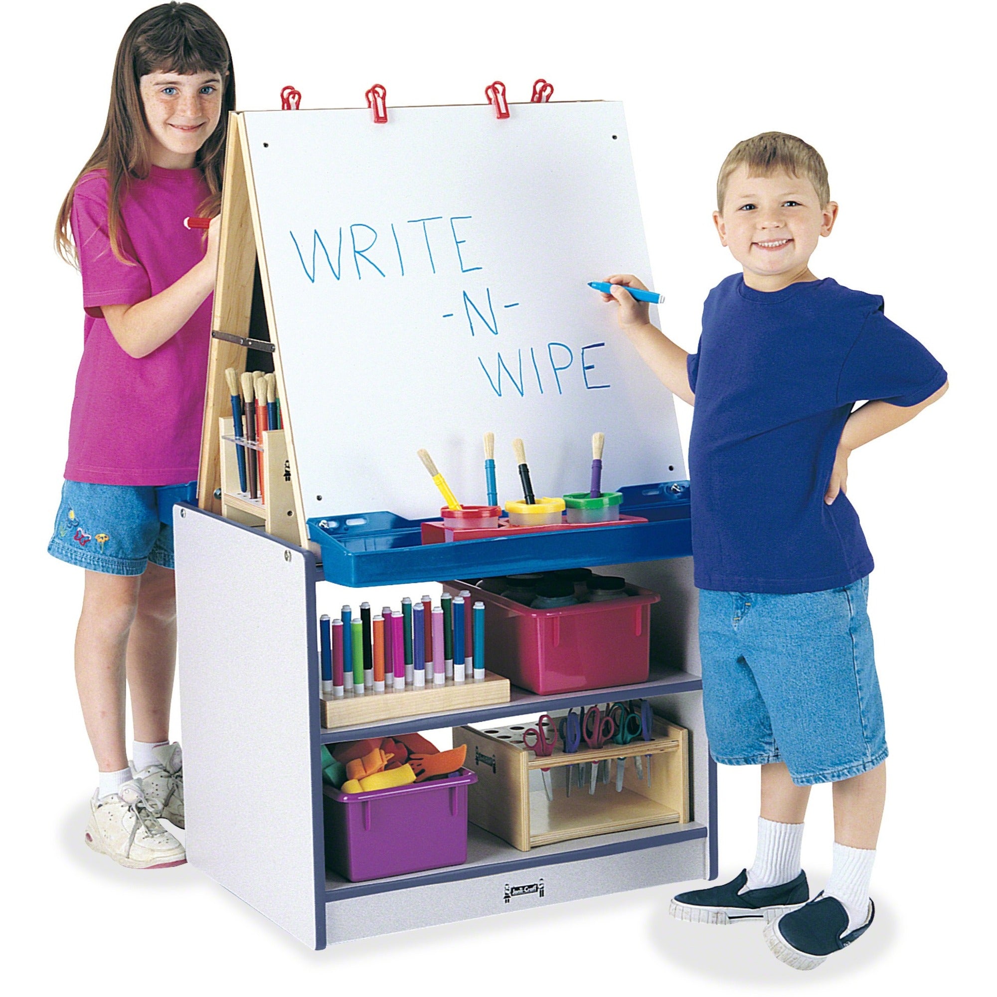 Jonti-Craft Rainbow Accents 2 Station Art Center - Freckled Gray, Navy Stand - Floor Standing - Storage Shelf, Chip Resistant, Wheels, Durable, Easy to Clean, Removable Easel, Storage Shelf - Assembly Required - 1 Each