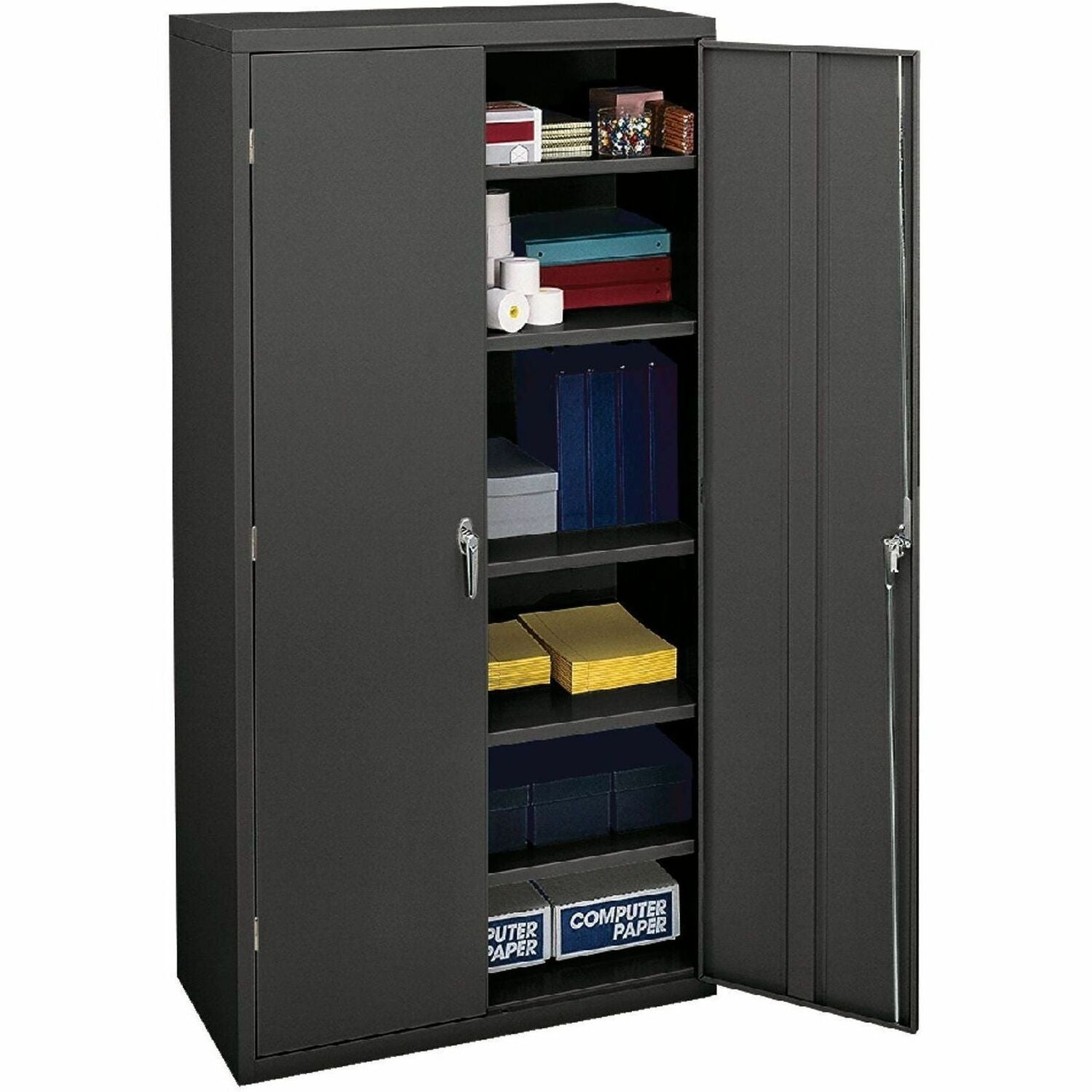 36" Width x 18.1" Depth x 72" Height - 5 x Shelf(ves) - 2 x Door(s) - 250 lb Load Capacity - Lockable, Reinforced, Sturdy, Durable, Leveling Glide, Reinforced Door, Heavy Duty, Temperature Resistant - Charcoal - Steel - Recycled