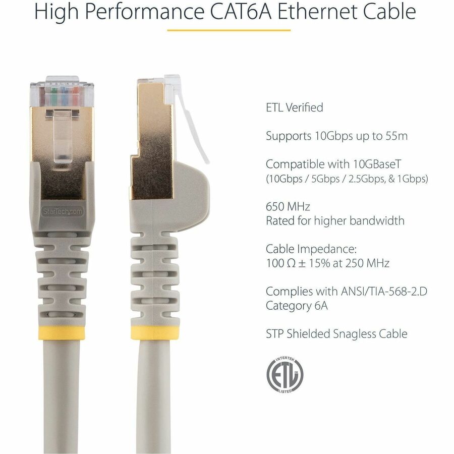 StarTech.com 1 ft Gray Shielded Snagless 10 Gigabit RJ45 STP Cat6a Patch Cable
