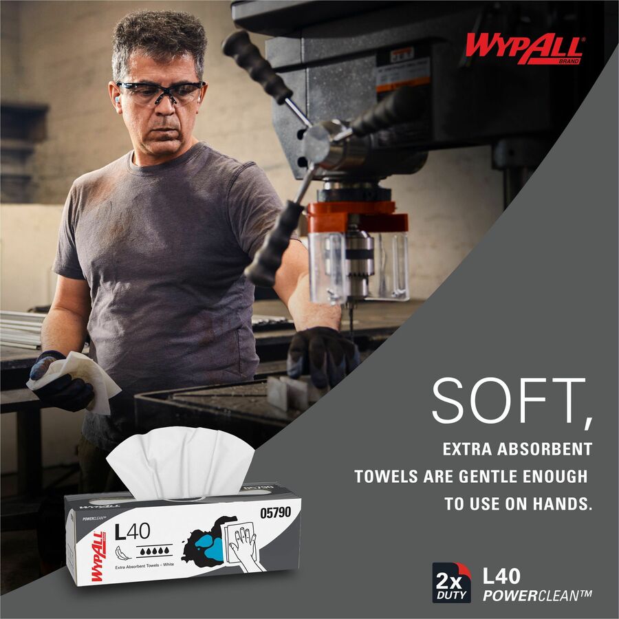 Wypall PowerClean L40 Extra Absorbent Towels - 9.80" Width x 16.40" Length - White - 100/Box - 9 / Carton