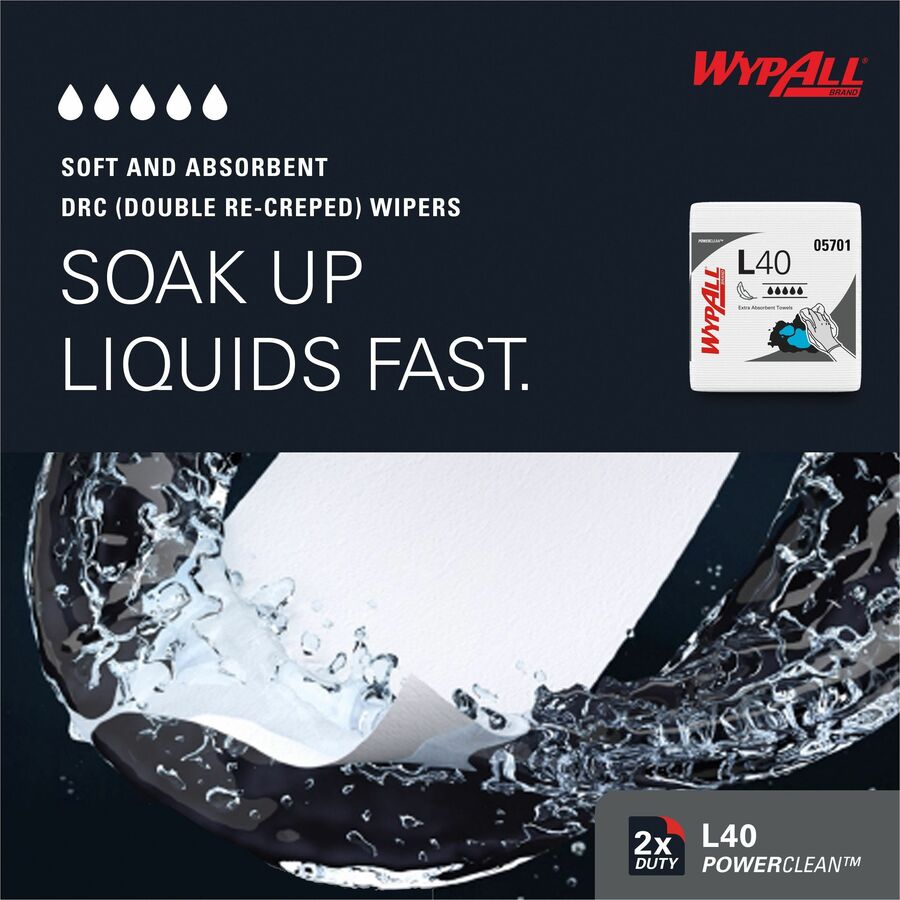 Wypall PowerClean L40 Extra Absorbent Towels - For General Purpose - 12" Length x 12.50" Width - Soft, Absorbent, Absorbent - White - 1 Pack