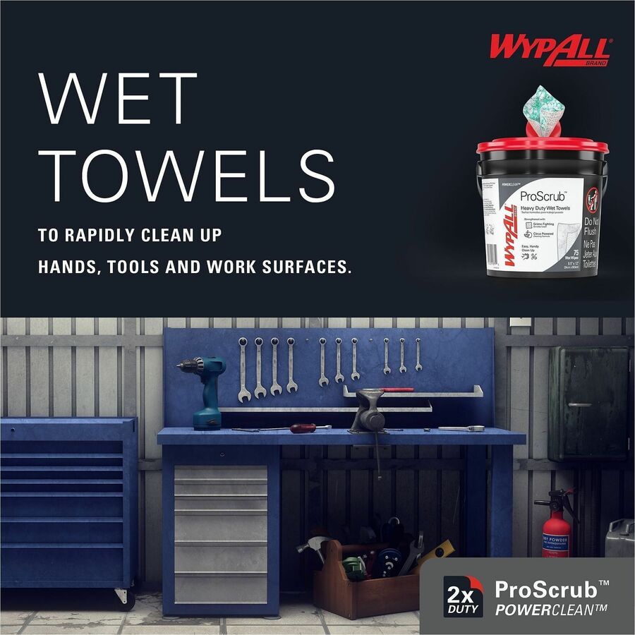 Wypall PowerClean ProScrub Heavy Duty Wet Towels - For Hand, Tool, Nonporous Surface - Orange Citrus Scent - 12" Length x 9.50" Width - Recommended For: Grease Remover, Grime Remover, Oil Remover - Pre-moistened - 75/Tub - 6 / Carton