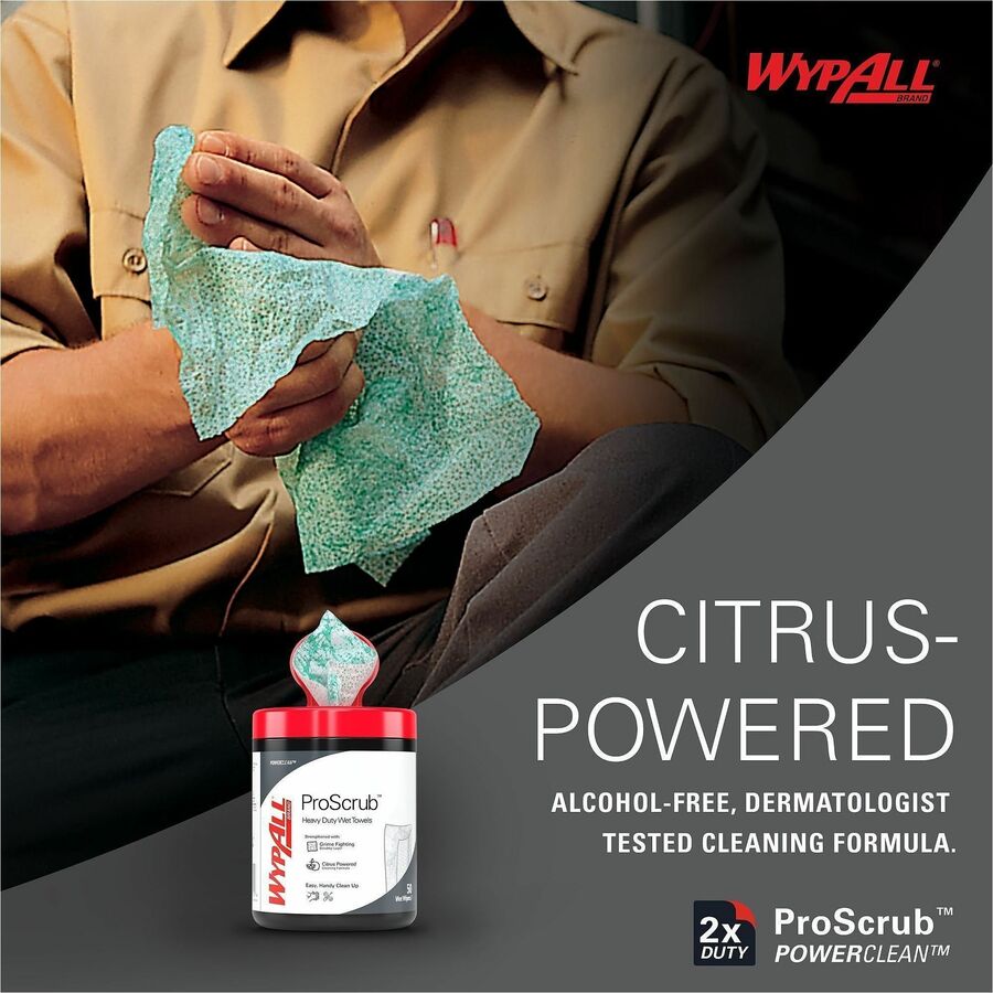 Wypall PowerClean ProScrub Heavy Duty Wet Towels - For Hand, Tool, Nonporous Surface - Orange Citrus Scent - 12" Length x 9.50" Width - Recommended For: Grease Remover, Grime Remover, Oil Remover - Pre-moistened - 75/Tub - 6 / Carton