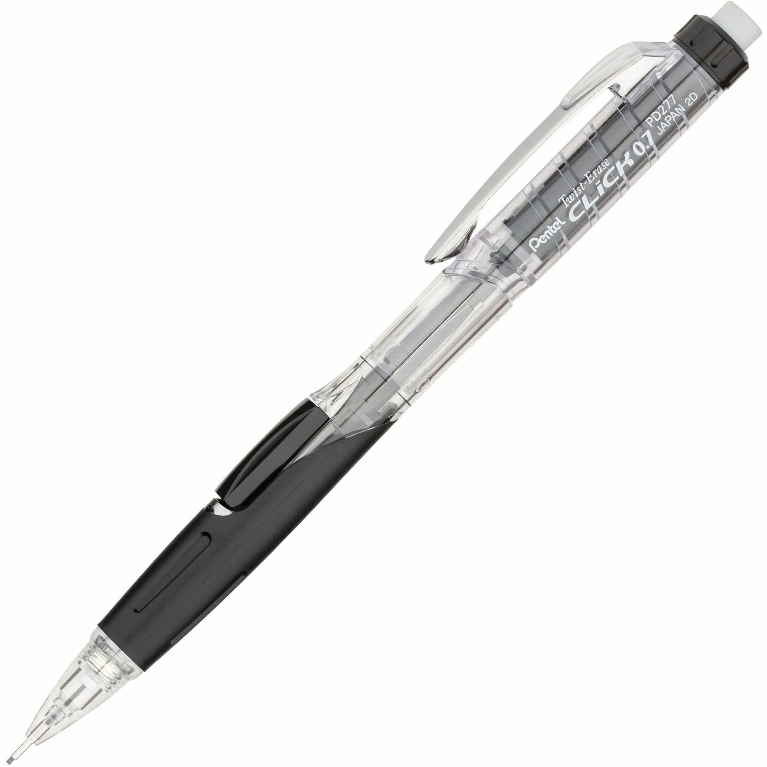 Pentel .7mm Twist-Erase Click Mechanical Pencil - 0.7 mm Smoke Lead - #2 - Refillable - Black, Transparent Barrel - 1 Each