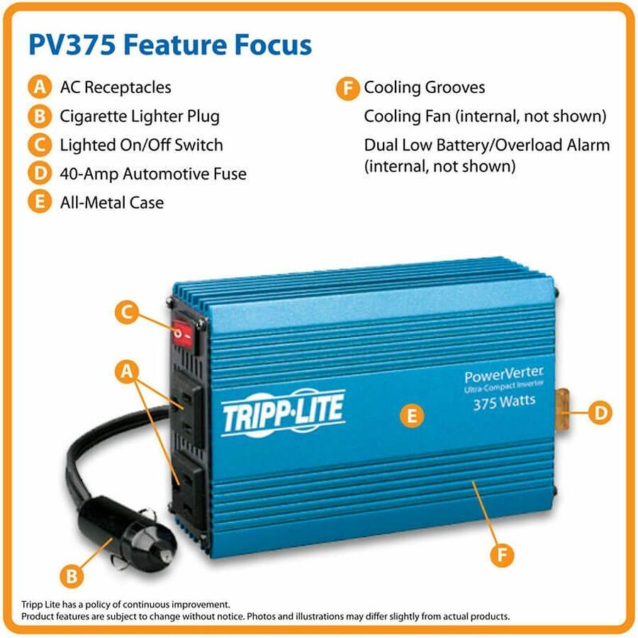 Input Voltage: 12 V DC - Output Voltage: 120 V AC - Continuous Power: 375 W - TAA Compliant