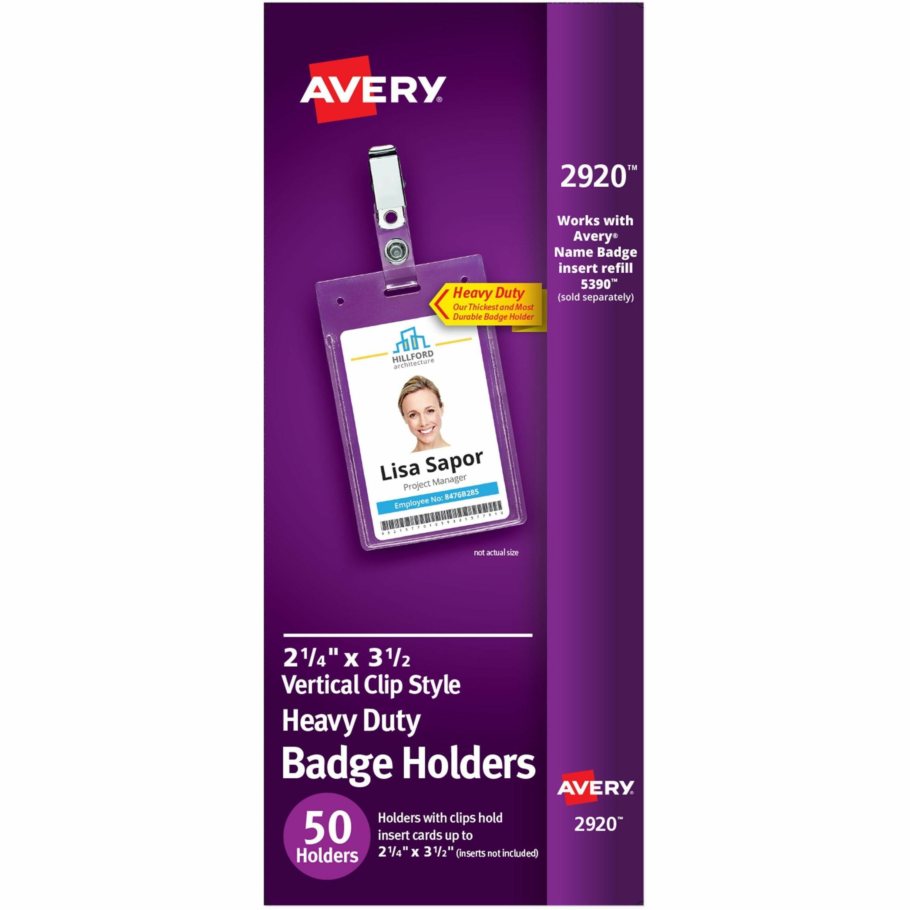 Avery&reg; Heavy-Duty Badge Holders with Clips - Support 2.25" x 3.50" Media - Portrait - 2.3" Width x 3.3" Length - Polyvinyl Chloride (PVC) - Clear - Reusable, Durable, Top Loading, Secure, Clip-on, Heavy Duty - 50 / Box
