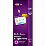 Avery&reg; Heavy-Duty Badge Holders with Clips - Support 3.50" x 2.25" Media - Landscape - 3.5" Width x 2.3" Length - Polyvinyl Chloride (PVC) - Clear - Reusable, Durable, Top Loading, Secure, Clip-on, Heavy Duty - 50 / Box