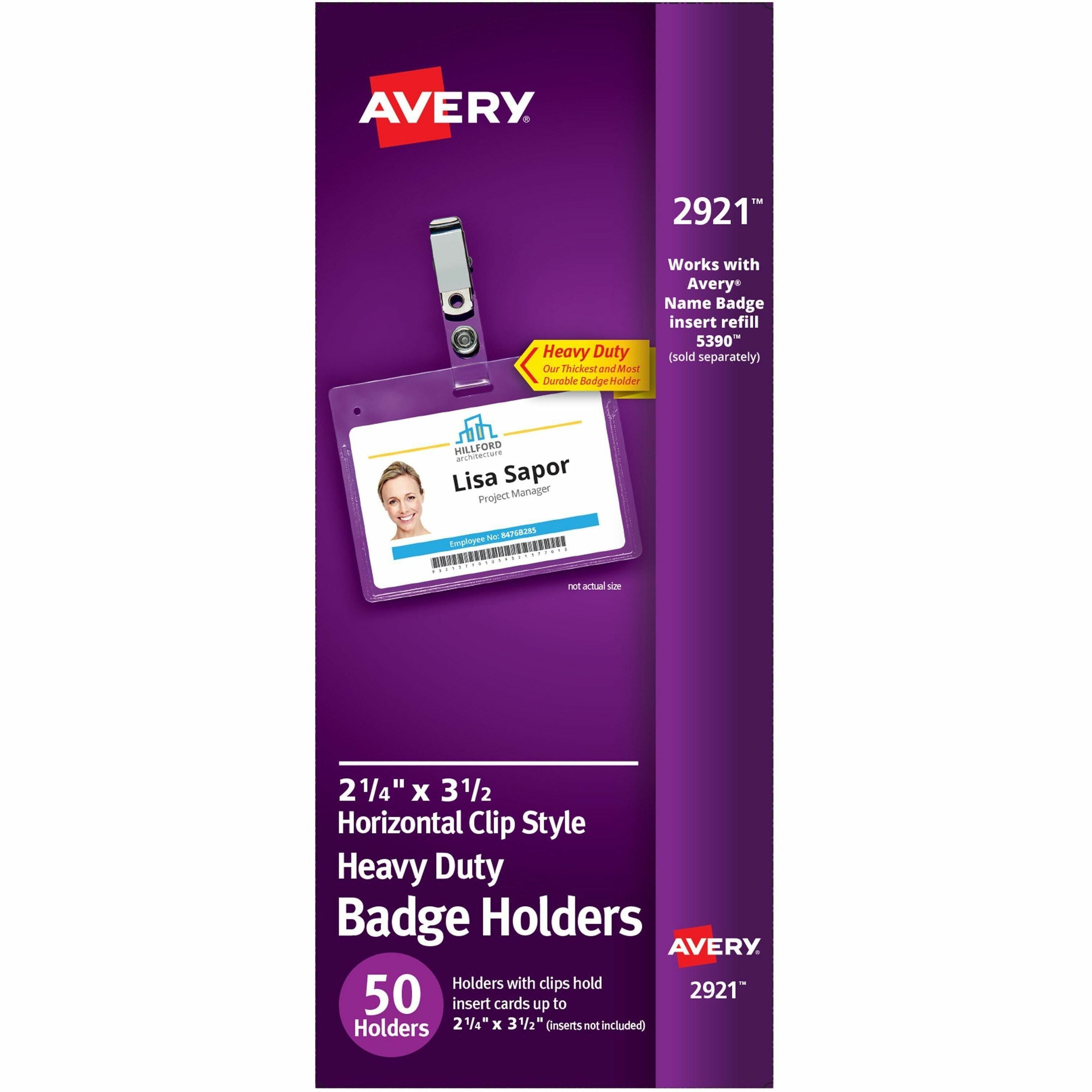 Avery&reg; Heavy-Duty Badge Holders with Clips - Support 3.50" x 2.25" Media - Landscape - 3.5" Width x 2.3" Length - Polyvinyl Chloride (PVC) - Clear - Reusable, Durable, Top Loading, Secure, Clip-on, Heavy Duty - 50 / Box