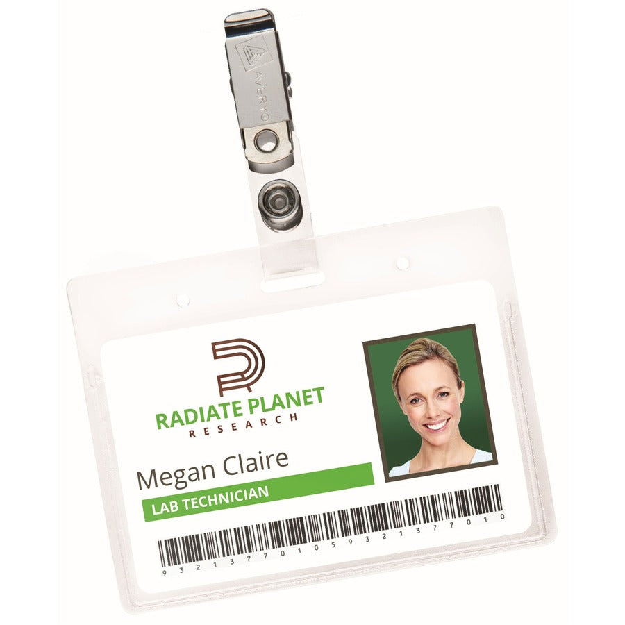 Avery&reg; Heavy-Duty Badge Holders with Clips - Support 3.50" x 2.25" Media - Landscape - 3.5" Width x 2.3" Length - Polyvinyl Chloride (PVC) - Clear - Reusable, Durable, Top Loading, Secure, Clip-on, Heavy Duty - 50 / Box