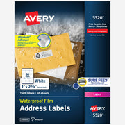 Avery&reg; 1" x 2-5/8" Labels, Ultrahold, 1,500 Labels (5520)