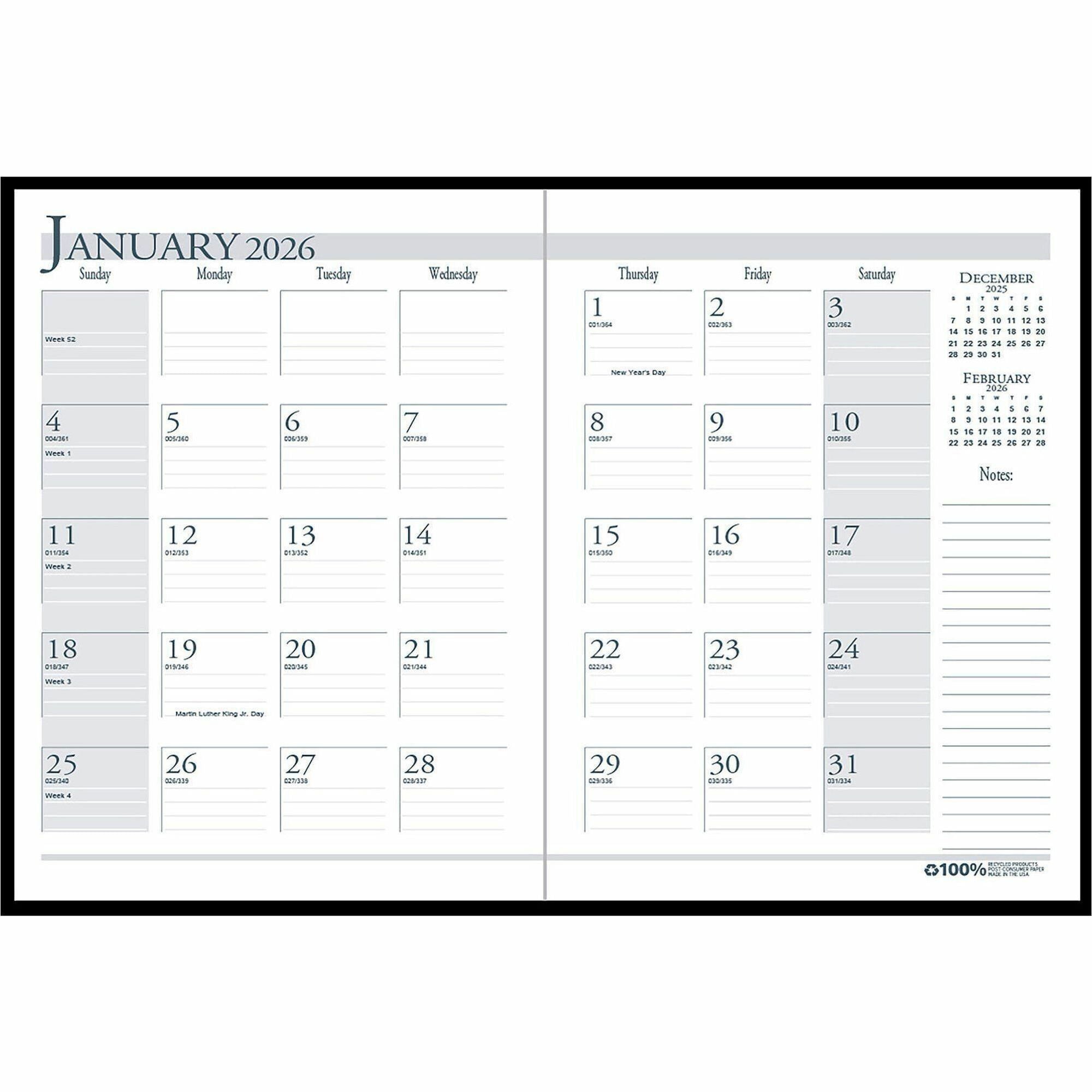 Monthly - 14 Month - December 2025 to January 2027 - 1 Month Double Page Layout - 8 1/2" x 11" Sheet Size - 1.75" x 1.75" Block - Leatherette, Paper - Black Cover - Notepad, Reference Calendar - 1 Each