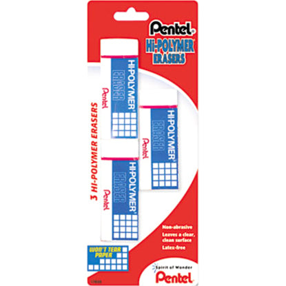 Pentel Hi-Polymer Eraser - White - Polyvinyl Chloride (PVC) - 3 / Pack - Tear Resistant, Scratch Resistant, Non-abrasive, Soft, Protective Sleeve, Crack Resistant