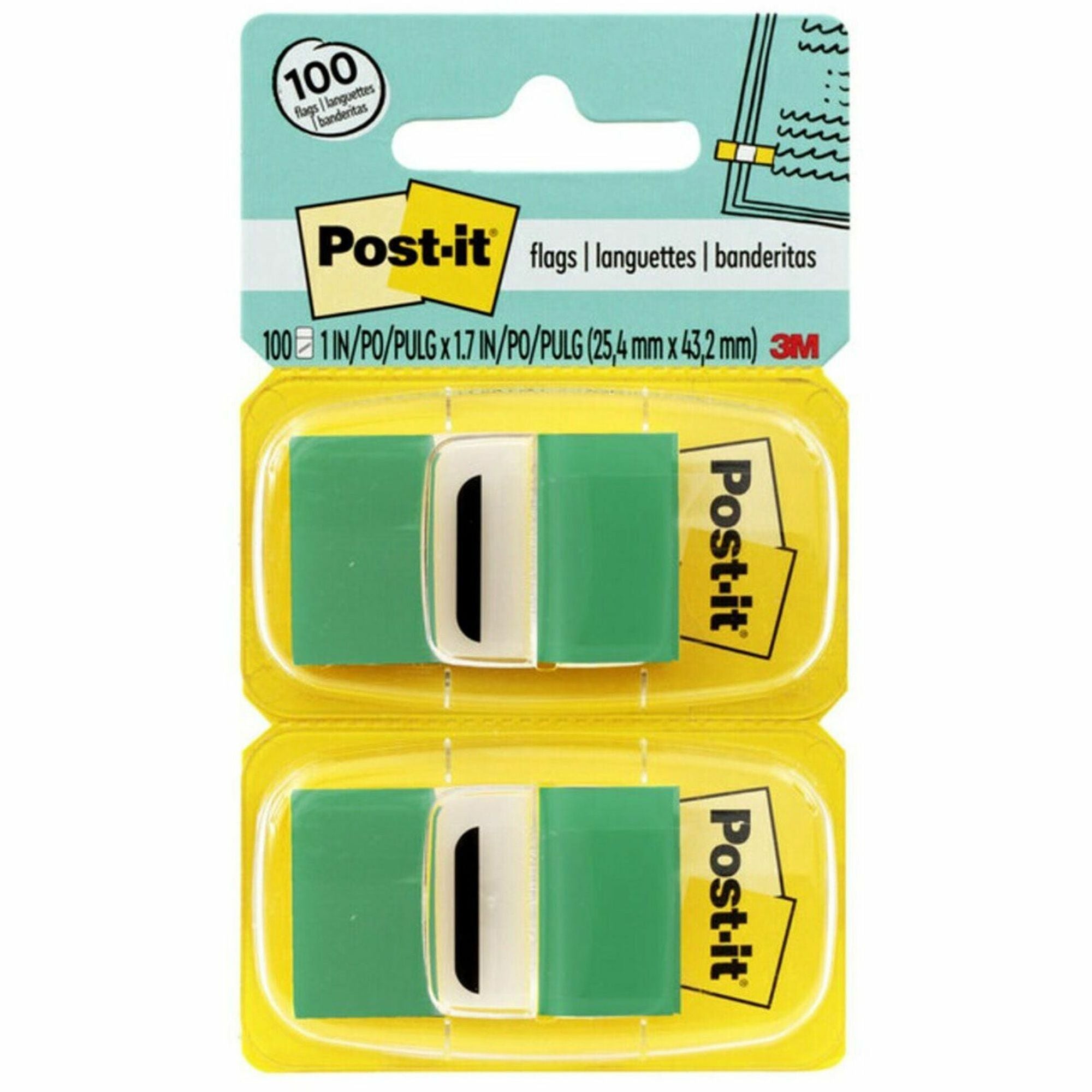 600 x Green - 1" Flag/Note Width x 1 3/4" Flag/Note Length - Rectangle - Unruled - Green - Removable, Writable - Dispenser Included - 50/Dispenser Box - 12 / Box
