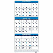 Monthly - 14 Month - December 2025 to January 2027 - 3 Month Single Page Layout - 12 1/4" x 27" Sheet Size - Wire Bound - Blue - Paper - 26" Height x 12.3" Width - Eyelet - 1 Each