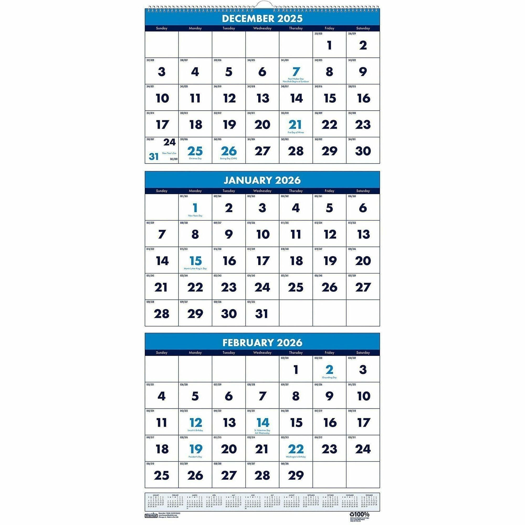 Monthly - 14 Month - December 2025 to January 2027 - 3 Month Single Page Layout - 12 1/4" x 27" Sheet Size - Wire Bound - Blue - Paper - 26" Height x 12.3" Width - Eyelet - 1 Each
