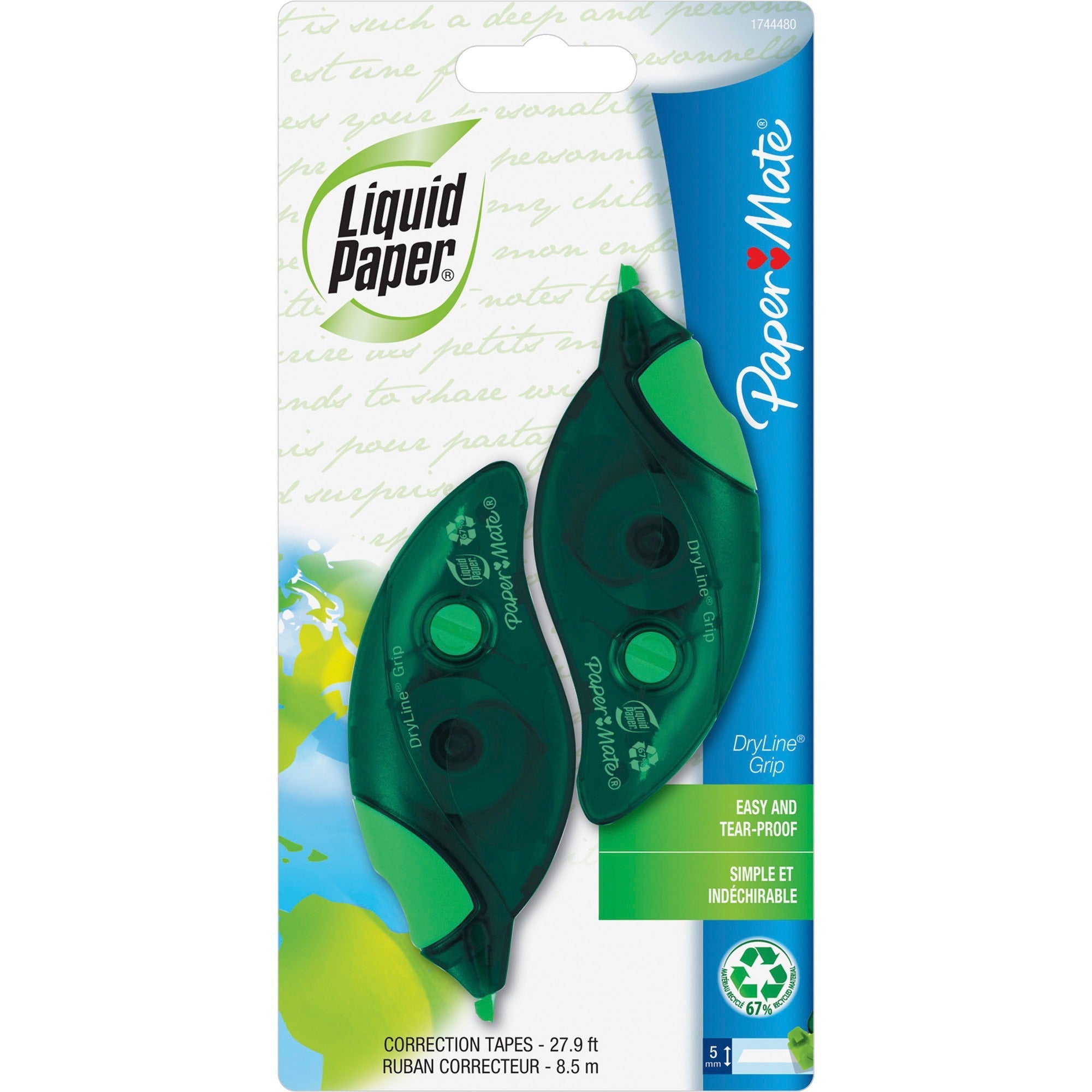 0.20" Tape Width x 27.90 ft Tape Length - 1 Line(s) - White Tape - Ergonomic Dispenser - Non-refillable, Tear Resistant, Break Resistant - Green - 2 / Pack