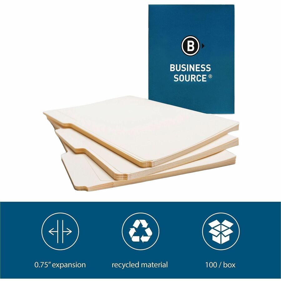 Business Source 1/3 Tab Cut Letter Recycled Top Tab File Folder - 8 1/2" x 11" - 3/4" Expansion - Top Tab Location - Assorted Tab Position - 11 pt. - 1 Plys - Manila - Tab - 10% Recycled - 100 / Box