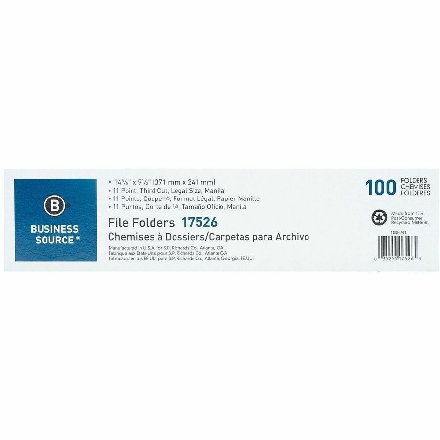 Business Source 1/3 Tab Cut Legal Recycled Top Tab File Folder - 8 1/2" x 14" - 3/4" Expansion - Top Tab Location - Assorted Tab Position - 1 Plys - Manila - Manila - Tab - 10% Recycled - 100 / Box