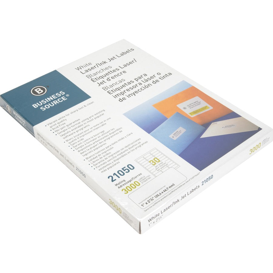 Business Source Bright White Premium-quality Address Labels - 1" Width x 2 5/8" Length - Permanent Adhesive - Rectangle - Laser, Inkjet - White - Jam-free - 30 / Sheet - 100 Total Sheets - 3000 / Pack