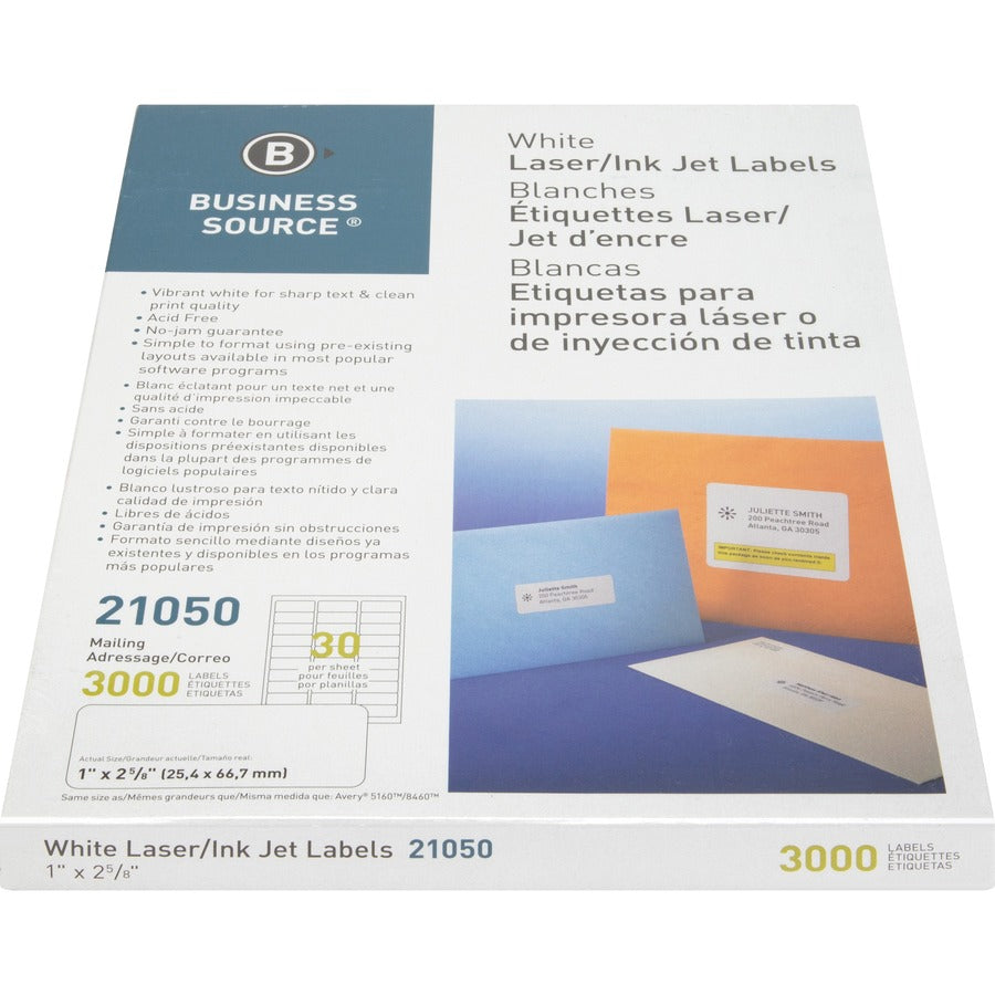 Business Source Bright White Premium-quality Address Labels - 1" Width x 2 5/8" Length - Permanent Adhesive - Rectangle - Laser, Inkjet - White - Jam-free - 30 / Sheet - 100 Total Sheets - 3000 / Pack