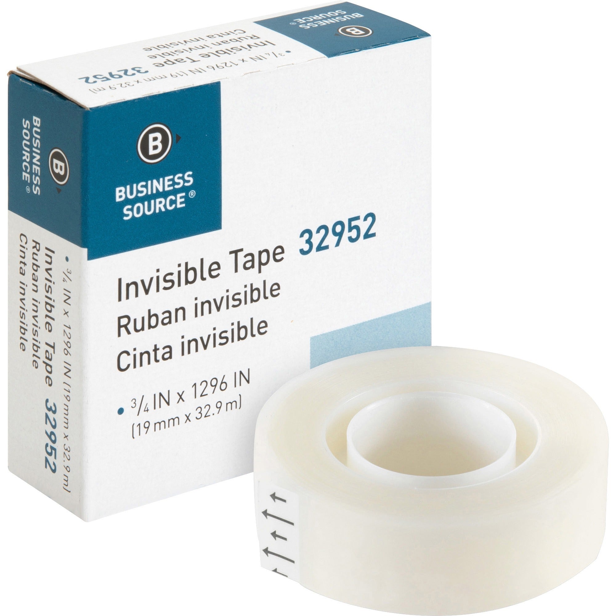 Business Source Invisible Tape Dispenser Refill Roll - 36 yd Length x 0.75" Width - 1" Core - Clear - For Mending, Splicing, Holding - 1 Roll