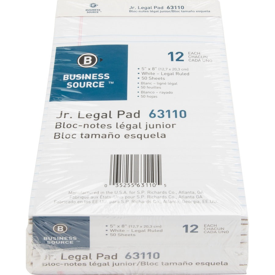 Business Source Writing Pads - 50 Sheets - 0.28" Ruled - 16 lb Basis Weight - Jr.Legal - 8" x 5" Sheet Size - White Paper - Micro Perforated, Easy Tear, Sturdy Back - 1 Dozen