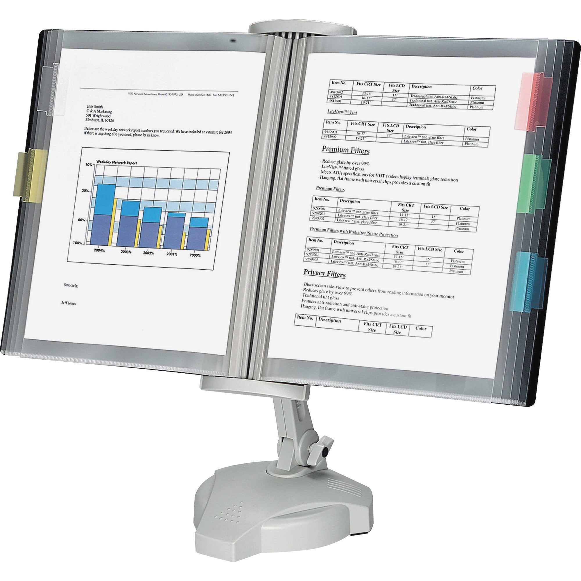 Desktop - 10 Panels - Support Letter 8.50" x 11" Media - Adjustable Viewing Angle, Adjustable Height, Weighted Base, Tabbed, Adjustable Copy Holder - Platinum - Plastic - 18.6" Height x 21.1" Width x 7.1" Depth - 1 Each