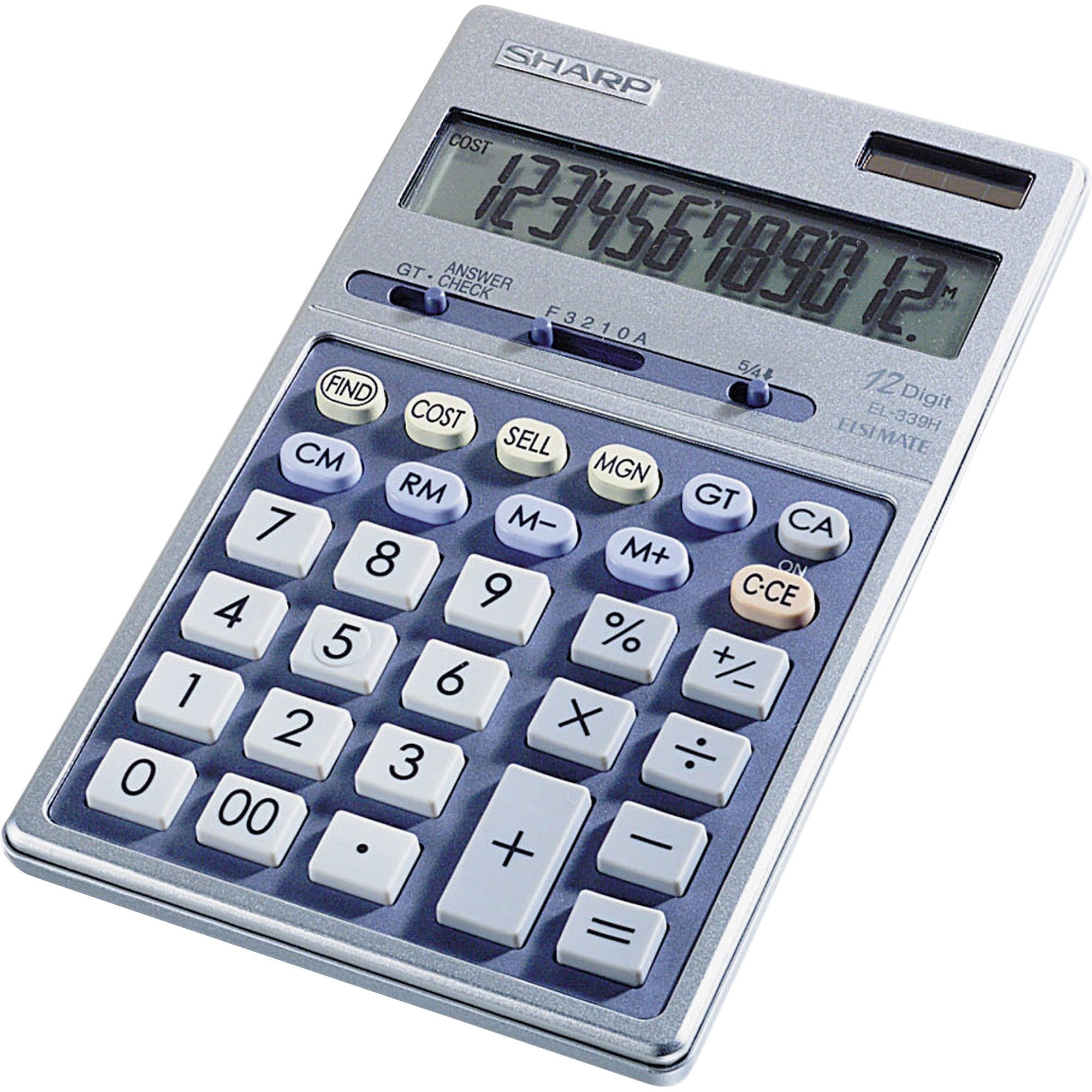 4-Key Memory, Auto Power Off, Sign Change, Double Zero - 12 Digits - LCD - Battery/Solar Powered - 1 x LR44 - 0.7" Height x 4.3" Width x 6.9" Depth - Silver, Blue - Metal - 1 Each
