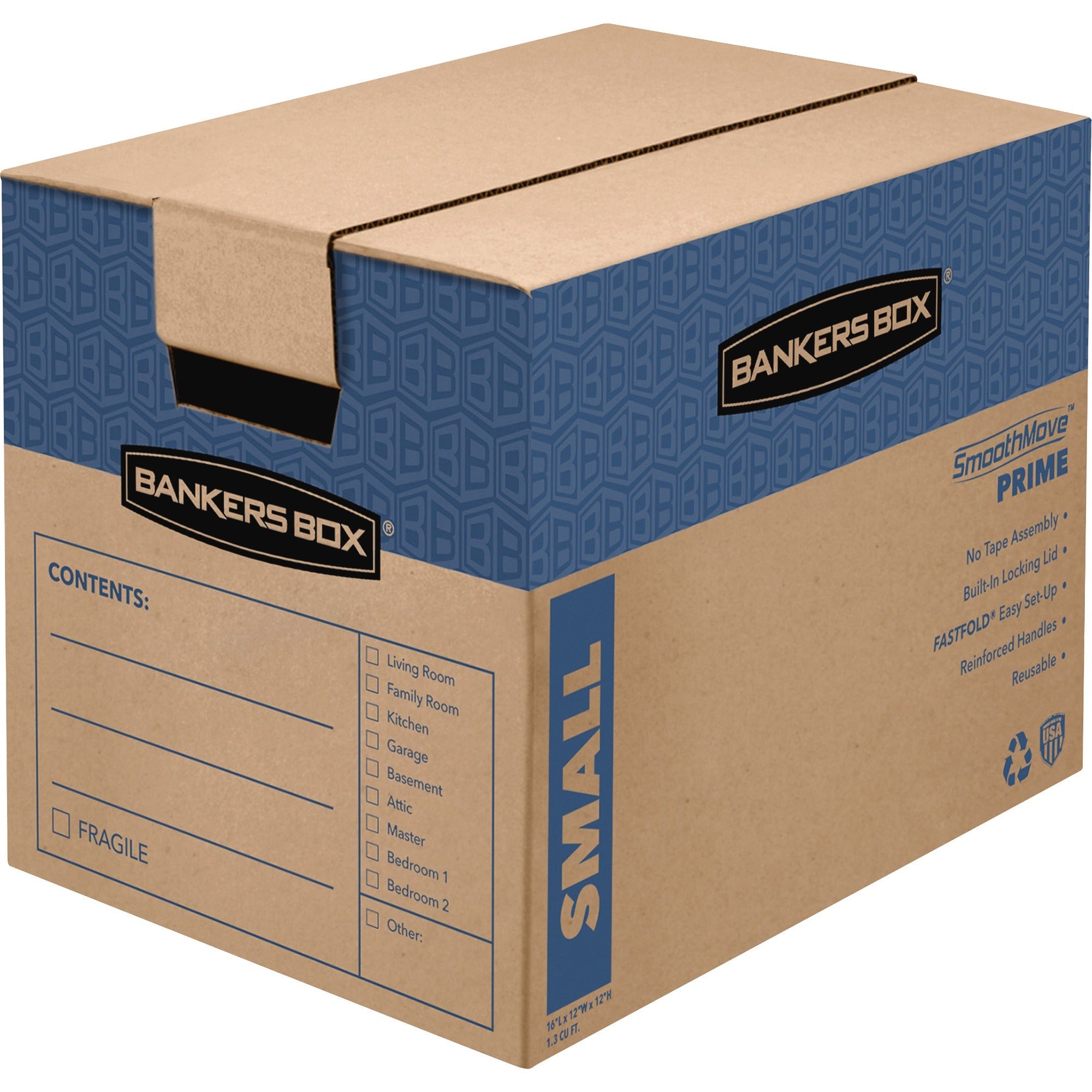 Bankers Box SmoothMove Prime Moving Boxes, Heavy Duty, Lid Lock Closure, Kraft, 12" x 16" x 12" (Internal), 10/Carton