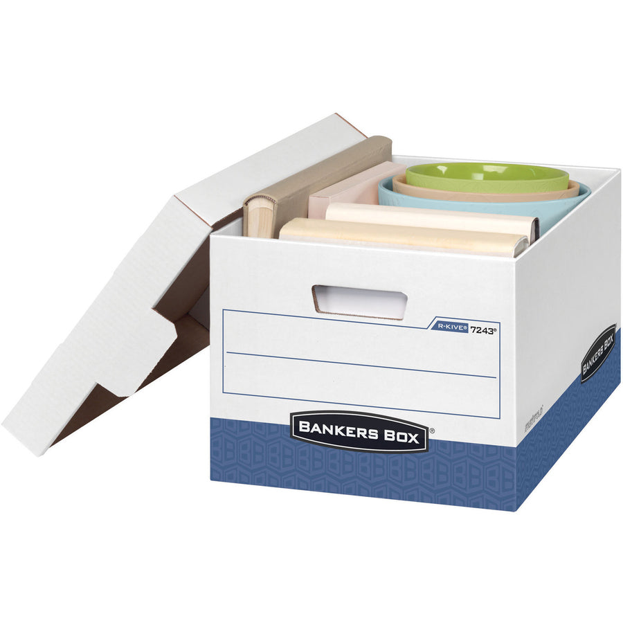 Bankers Box R-Kive File Storage Box, Lift-off Lid, Stackable, Letter/Legal Size, White/Blue, 4 per Carton