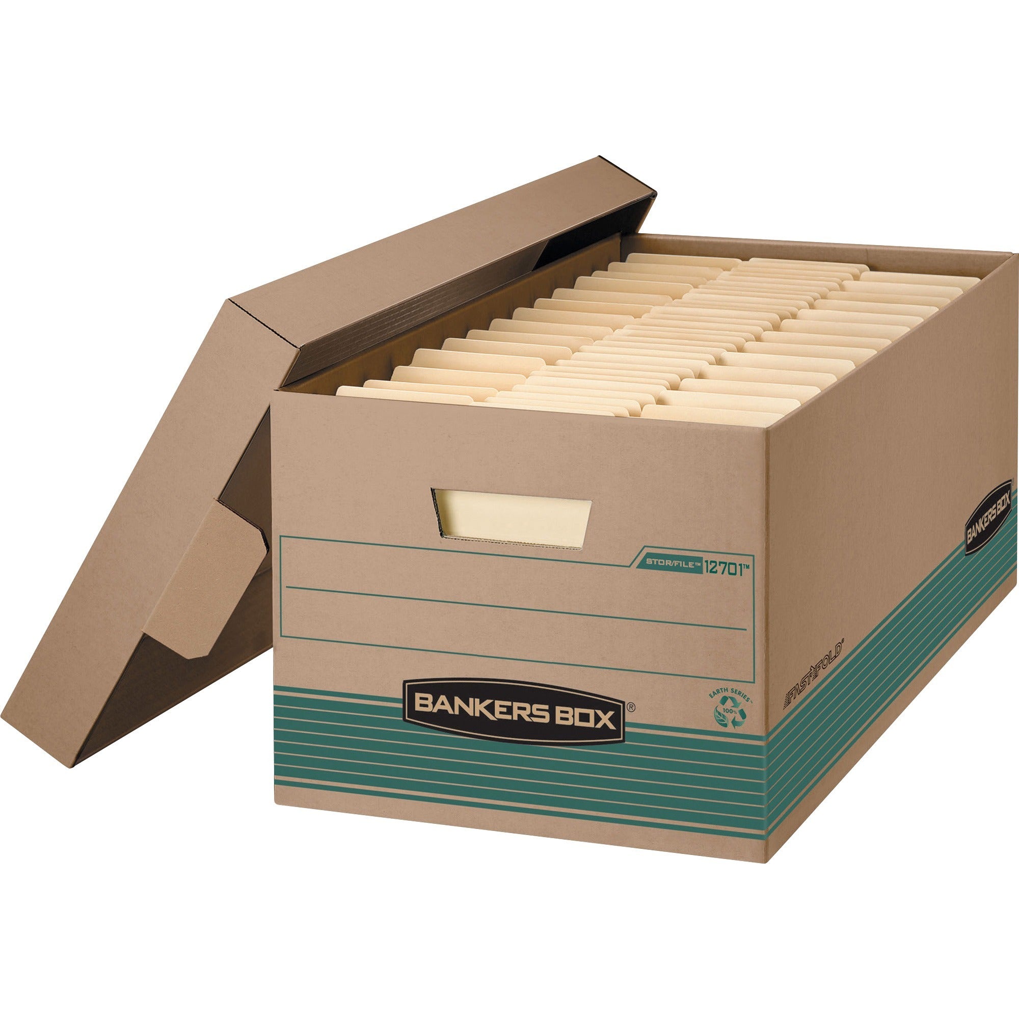 Bankers Box STOR/FILE Recycled File Storage Box, Letter Size, Lift-off Lid, Medium Duty, Stackable, Kraft/Green, 12 Boxes per Carton