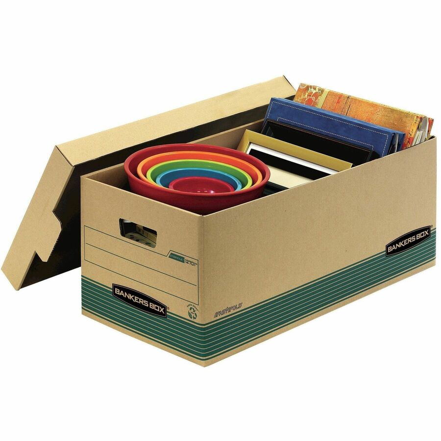 Bankers Box STOR/FILE Recycled File Storage Box, Letter Size, Lift-off Lid, Medium Duty, Stackable, Kraft/Green, 12 Boxes per Carton