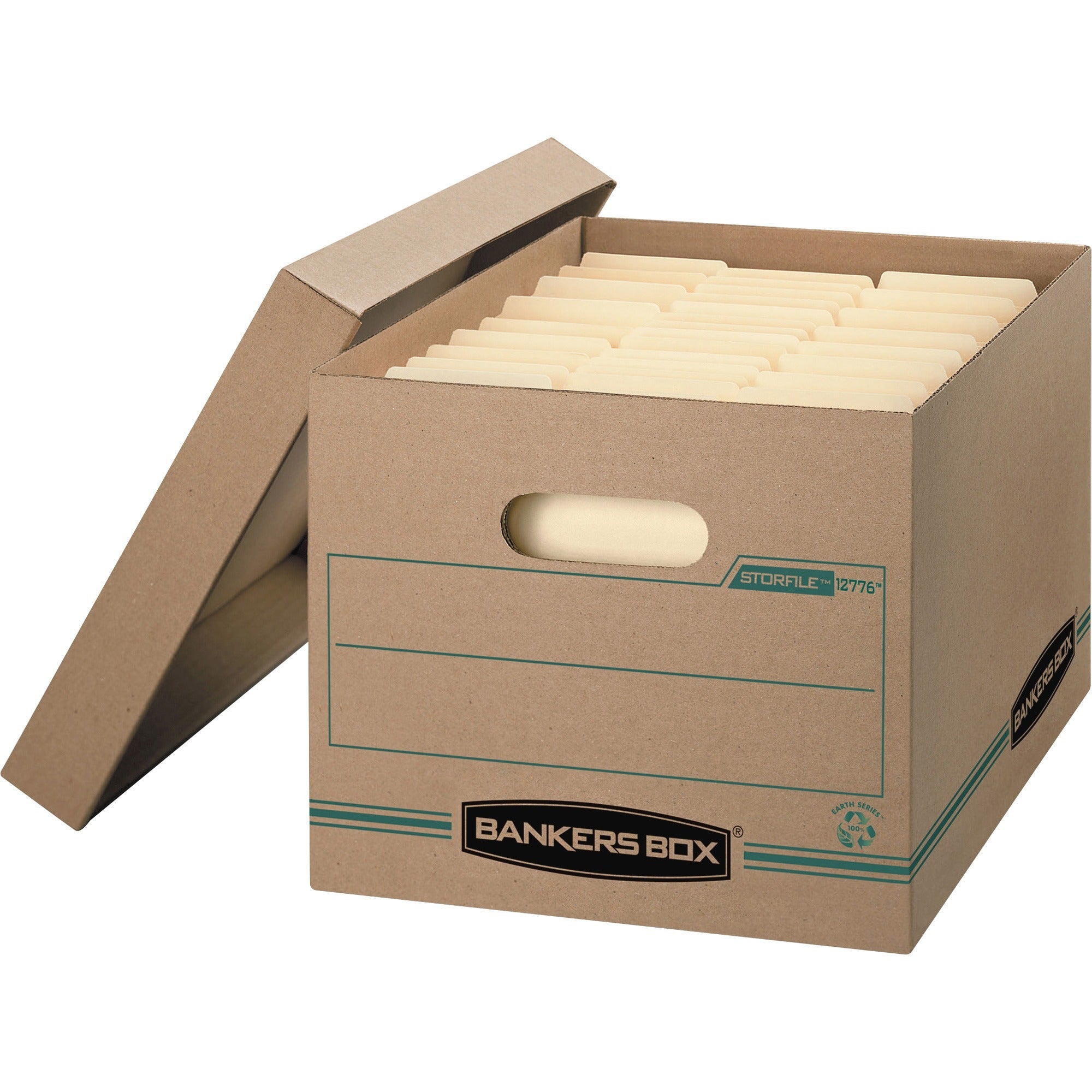 Bankers Box STOR/FILE Recycled File Storage Box, Kraft/Green, Lift-off Lid, Stackable, Basic Duty, Letter/Legal Size, 12 Boxes per Carton