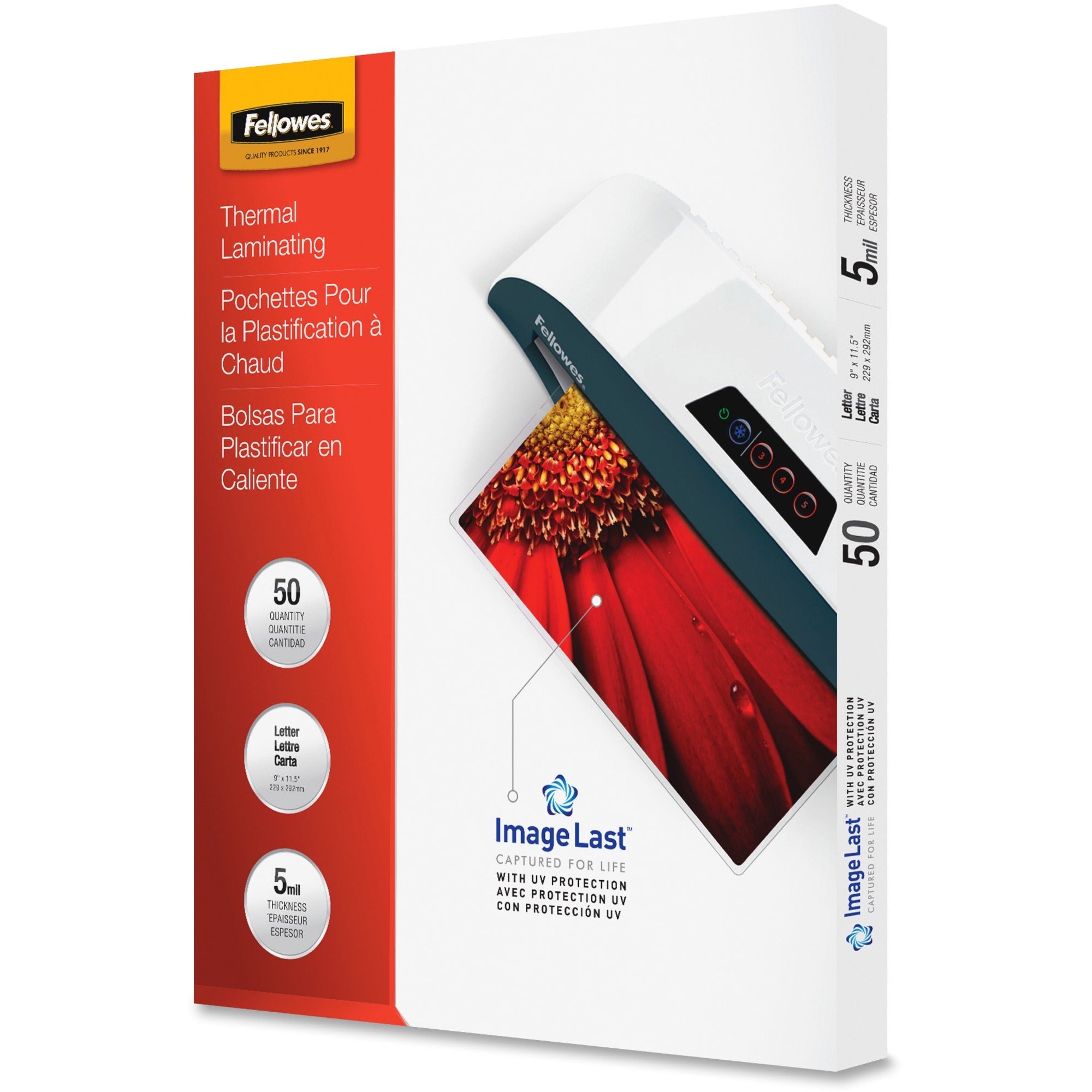 Fellowes ImageLast Jam-Free Thermal Laminating Pouches, Letter Size, 9" x 11.5", 5 mil, Glossy, Clear, 1 Pack