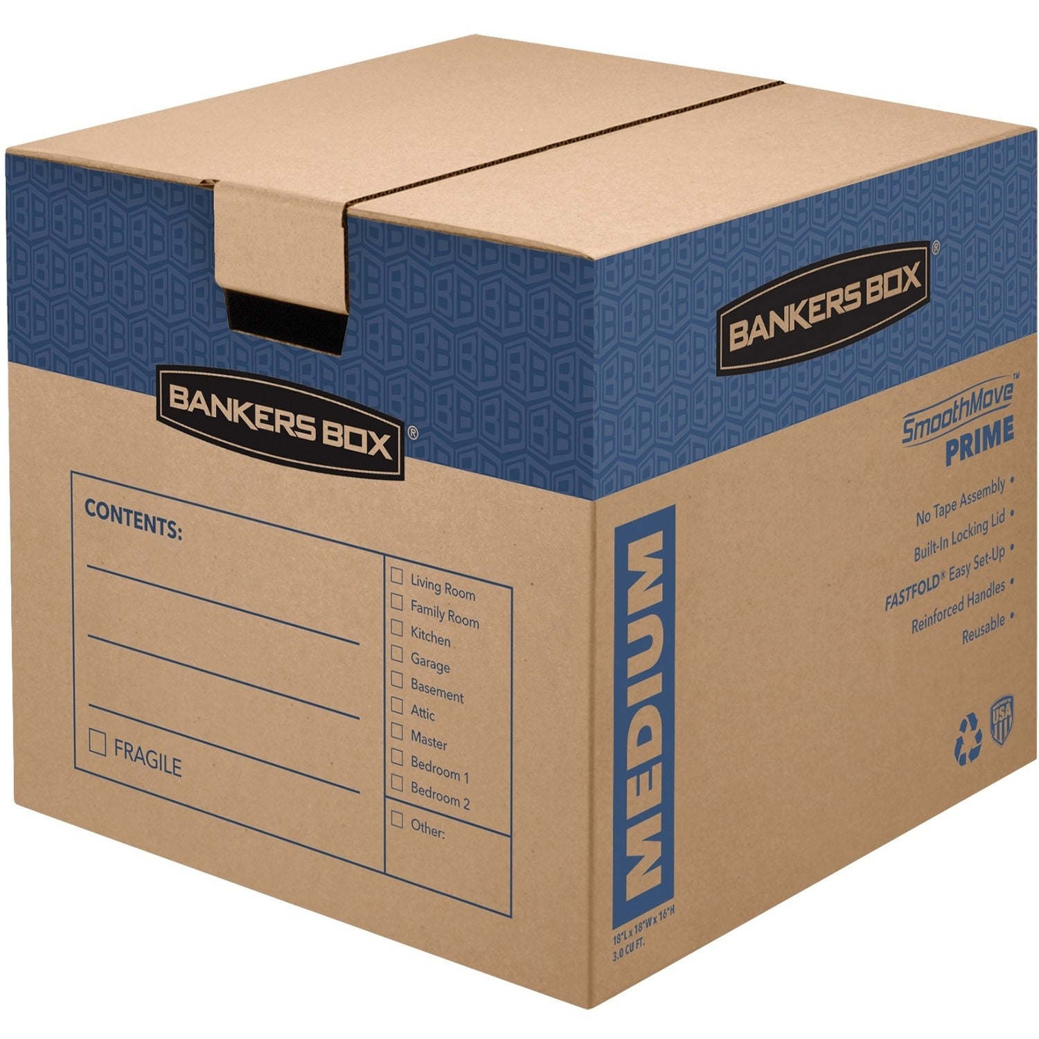 Bankers Box SmoothMove Prime Moving Boxes - Internal Dimensions: 18" Width x 18" Depth x 16" Height - External Dimensions: 18.1" Width x 18.8" Depth x 16.6" Height - Lid Lock Closure - Medium Duty - Cardboard - Kraft - Recycled - 8 / Carton